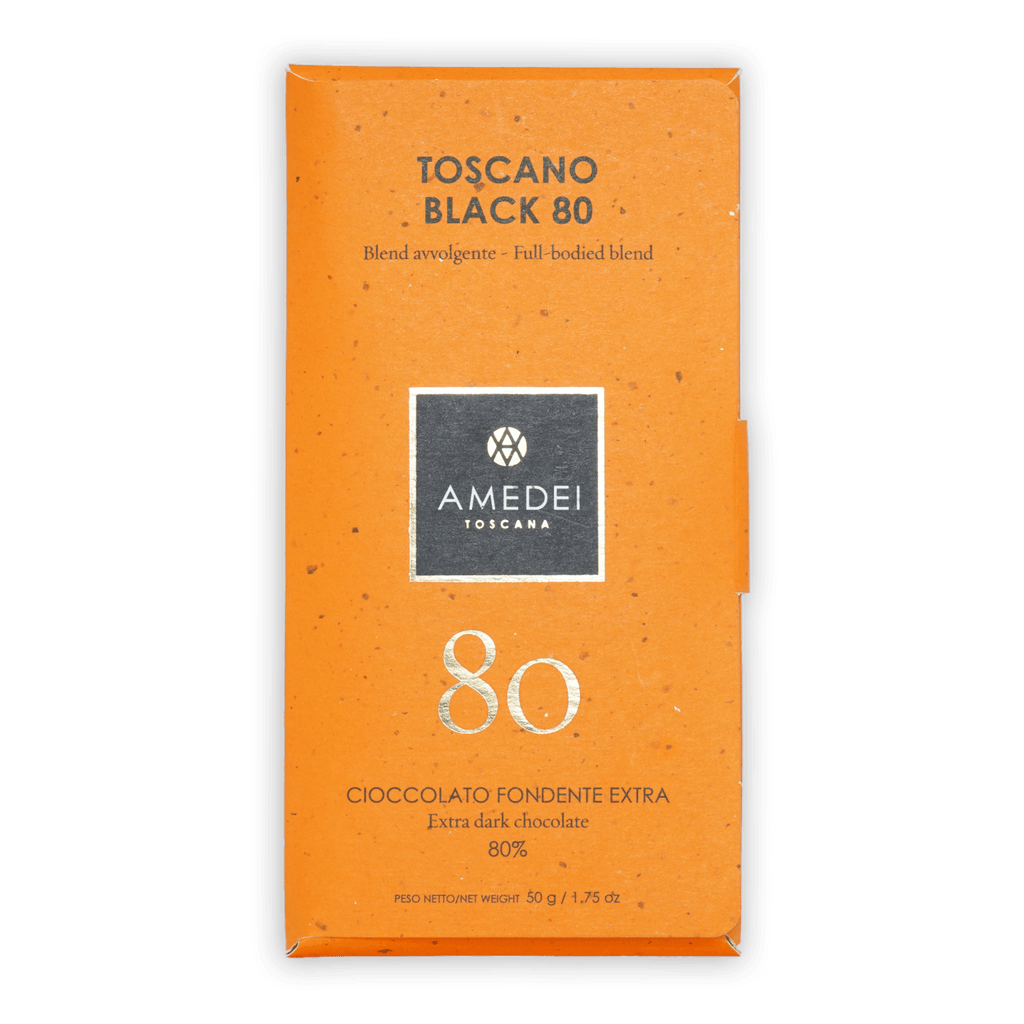 Amedei Toscano Black 80% extra dark chocolate bar in orange wrapper