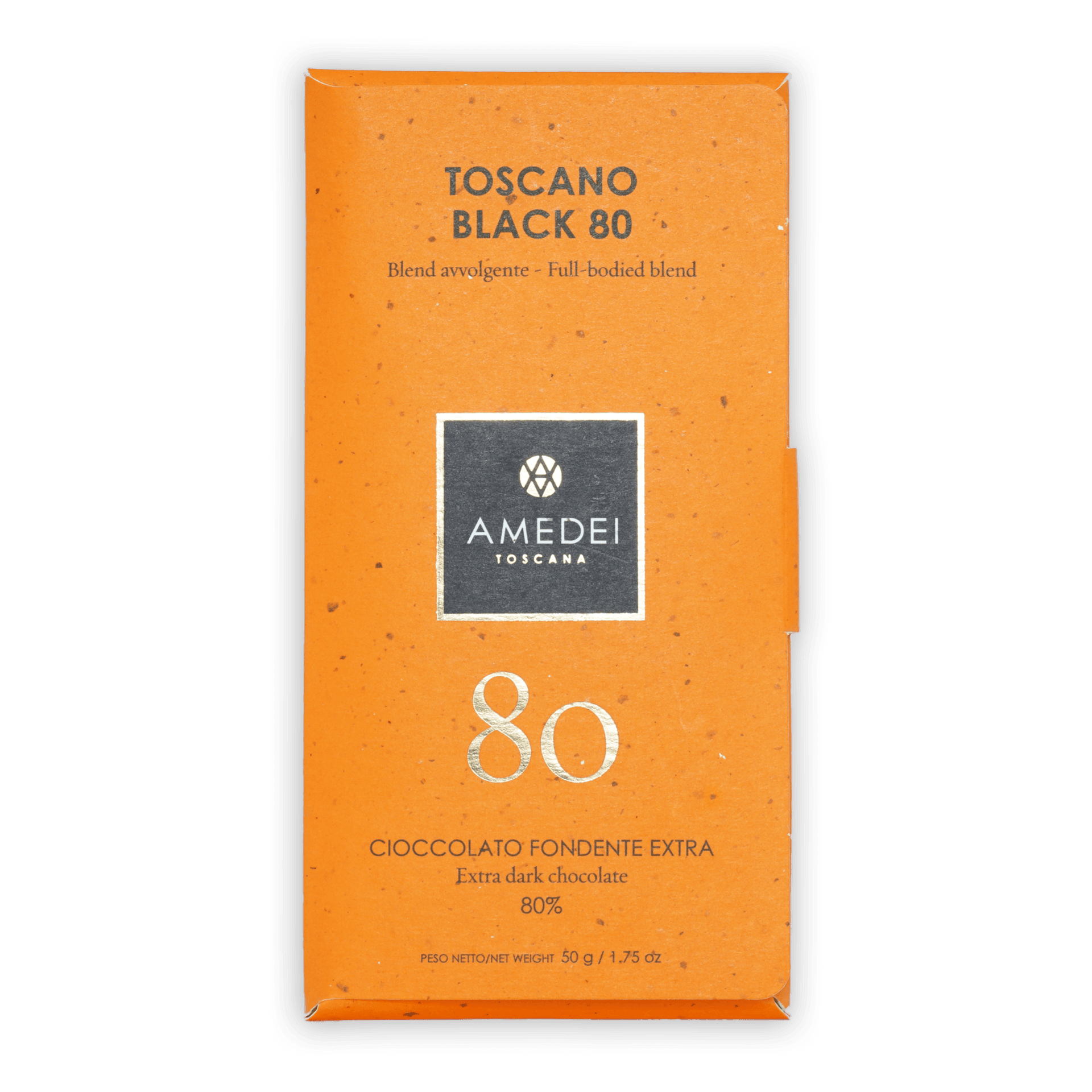 Amedei Toscano Black 80% extra dark chocolate bar in orange wrapper