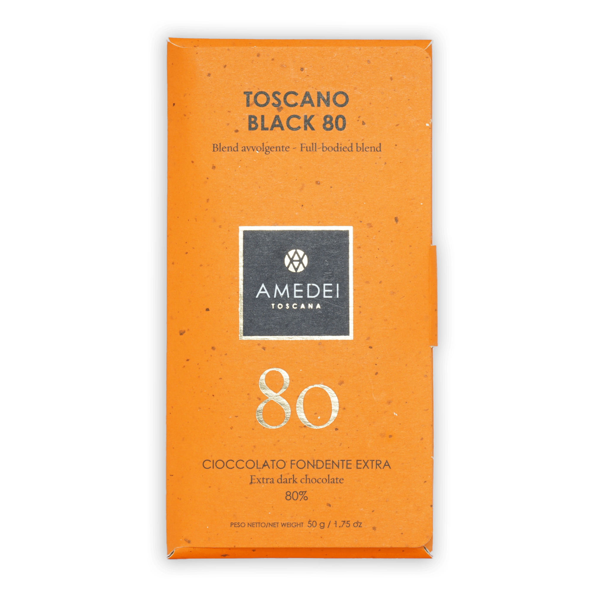 Amedei Toscano Black 80% extra dark chocolate bar in orange wrapper