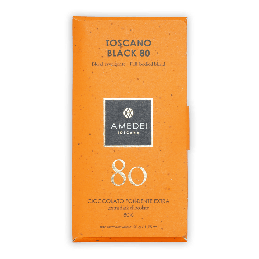 Amedei Toscano Black 80% extra dark chocolate bar in orange wrapper