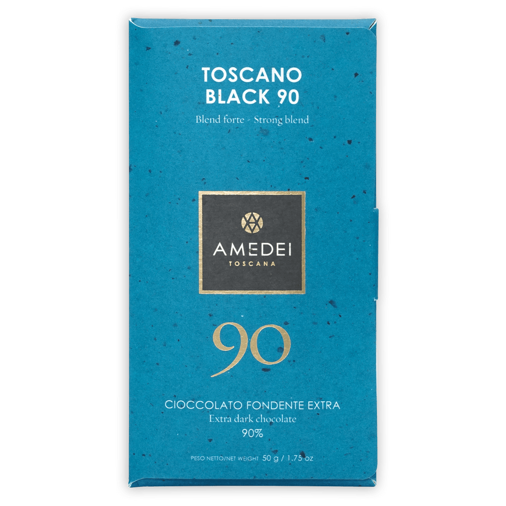 Amedei Toscana Toscano Black 90% chocolate bar with gold lettering