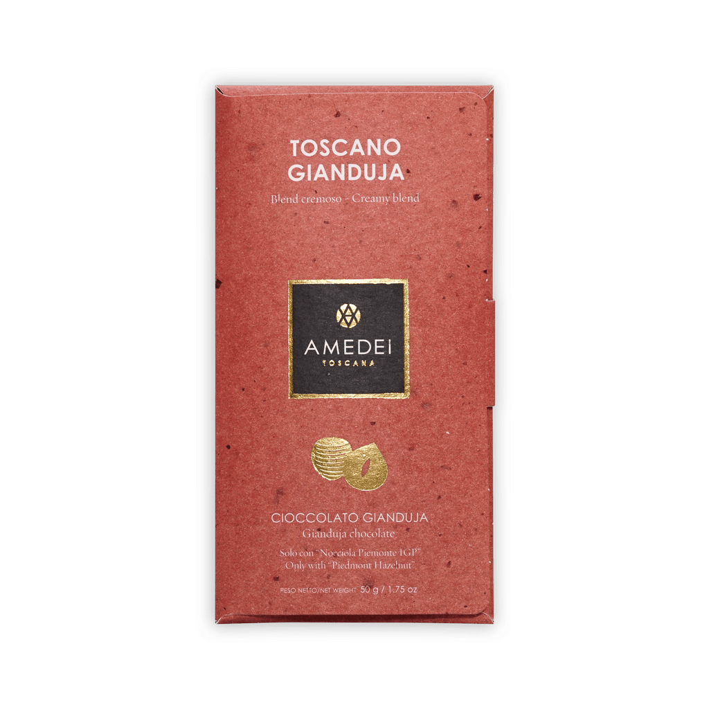 Amedei Toscano Gianduja bar in a dusty-red box with gold logo and hazelnut motif, labeled Cioccolato Gianduja, 50g.