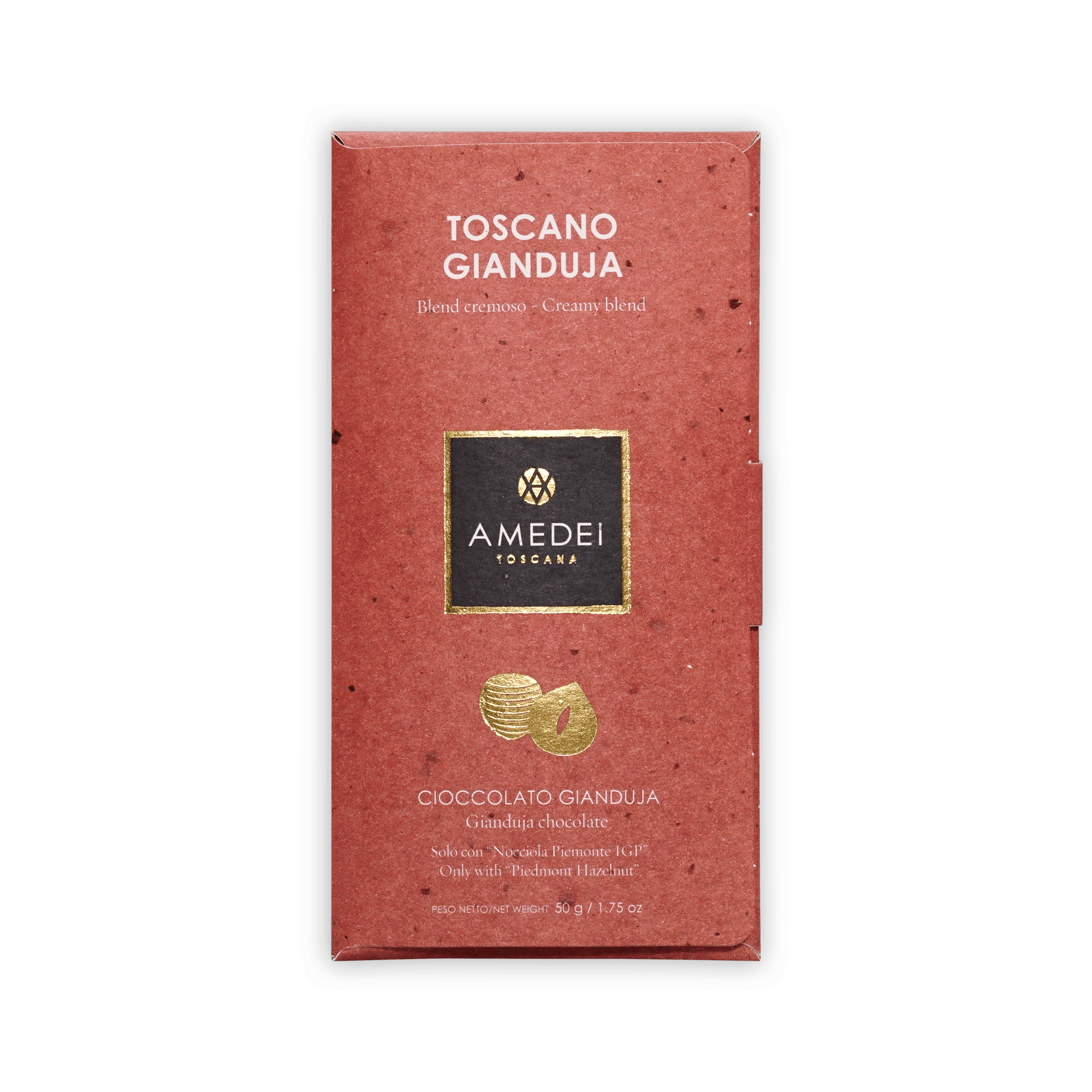 Amedei Toscano Gianduja bar in a dusty-red box with gold logo and hazelnut motif, labeled Cioccolato Gianduja, 50g.