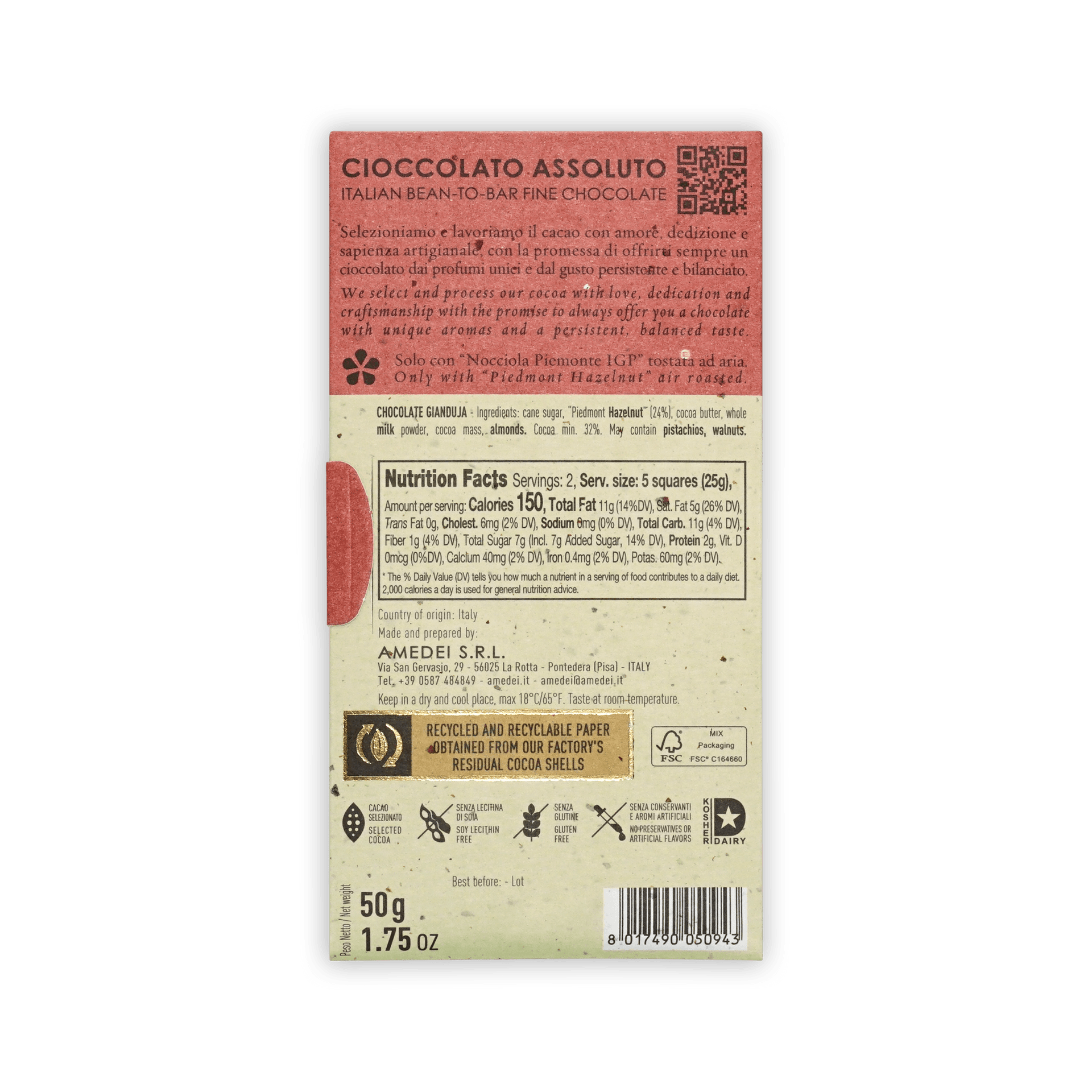 Back of Amedei Toscano Gianduja box with ingredients listing Piedmont Hazelnut, nutrition facts, and QR code.