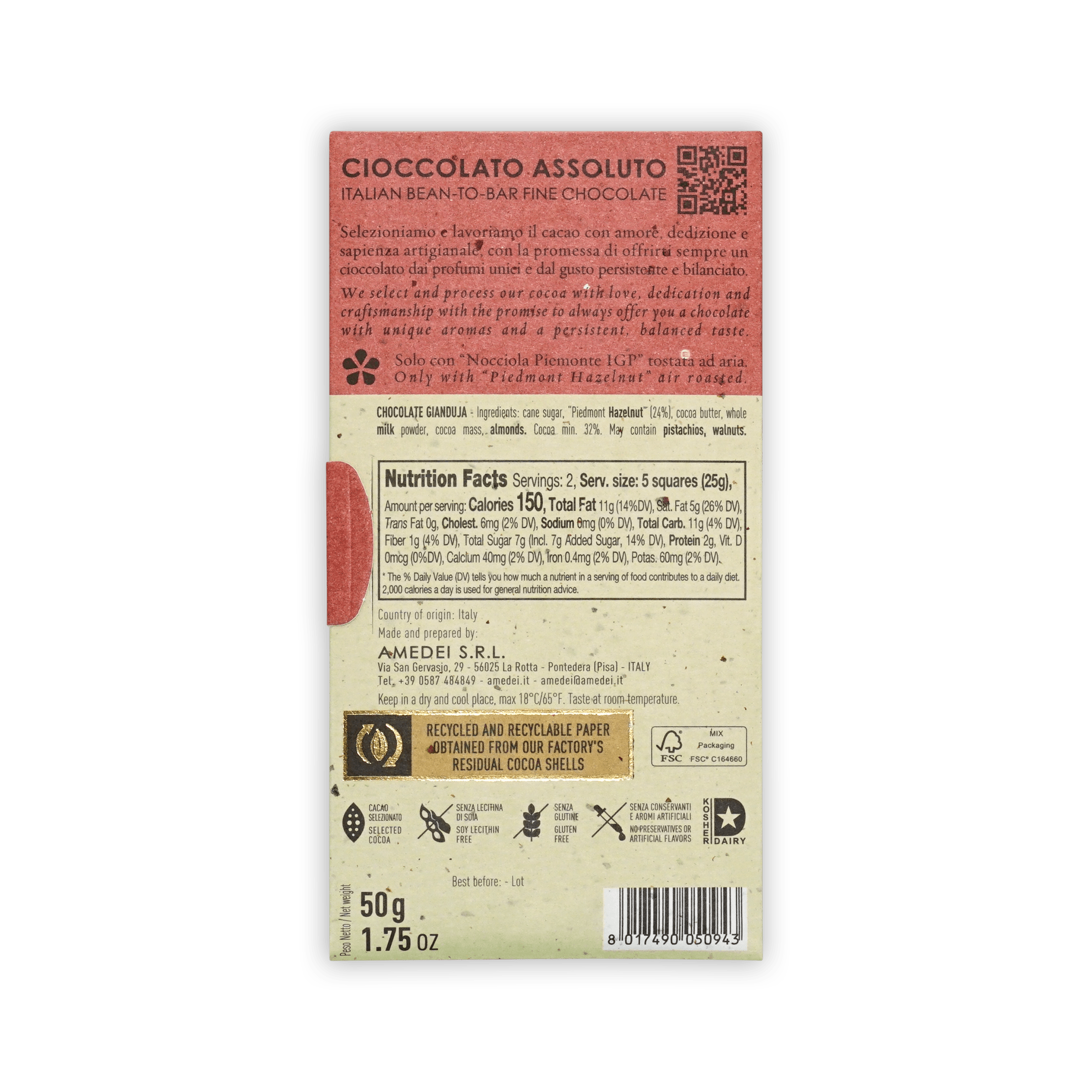 Back of Amedei Toscano Gianduja box with ingredients listing Piedmont Hazelnut, nutrition facts, and QR code.