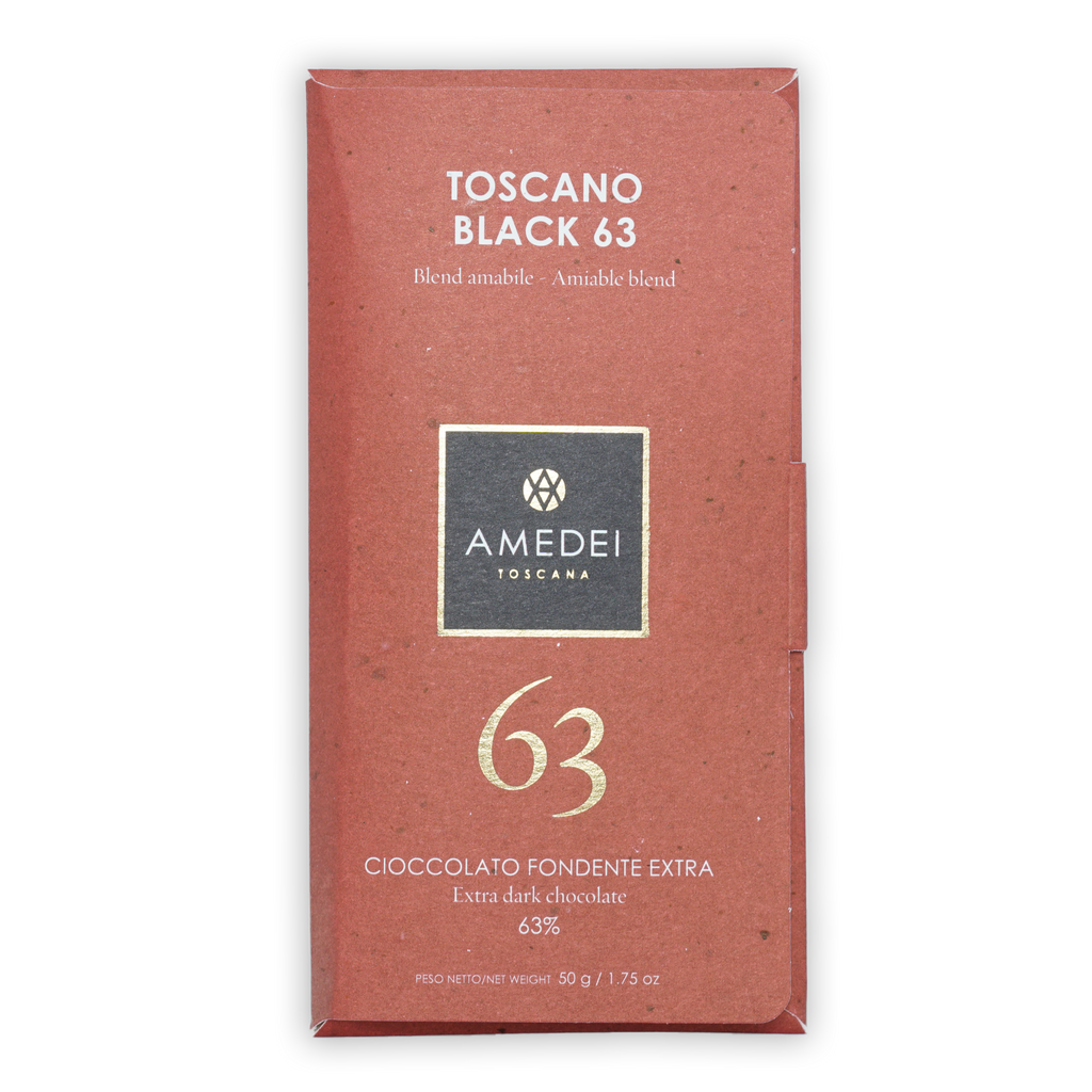Amedei Toscano Black 63% extra dark chocolate bar in reddish-brown wrapper