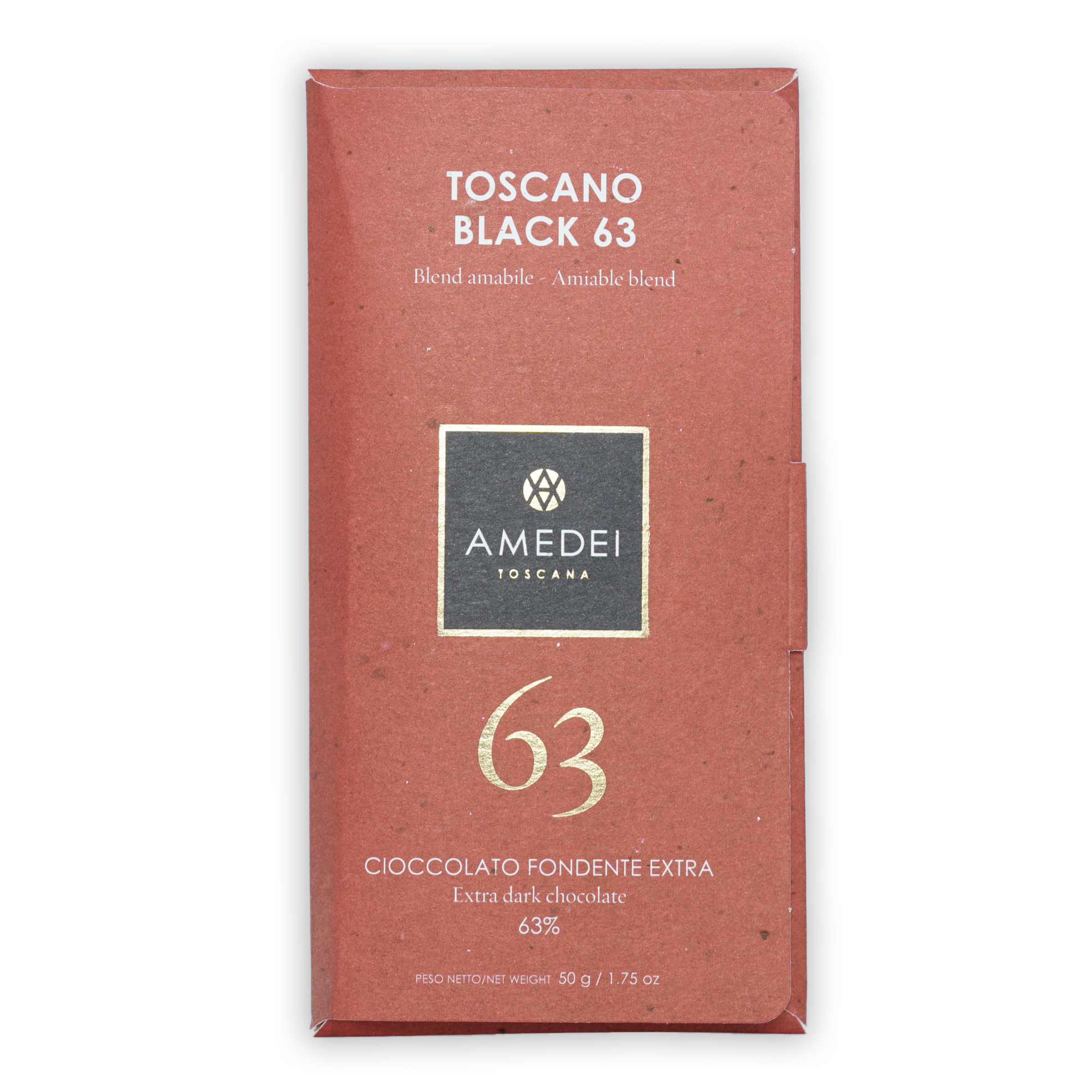 Amedei Toscano Black 63% extra dark chocolate bar in reddish-brown wrapper