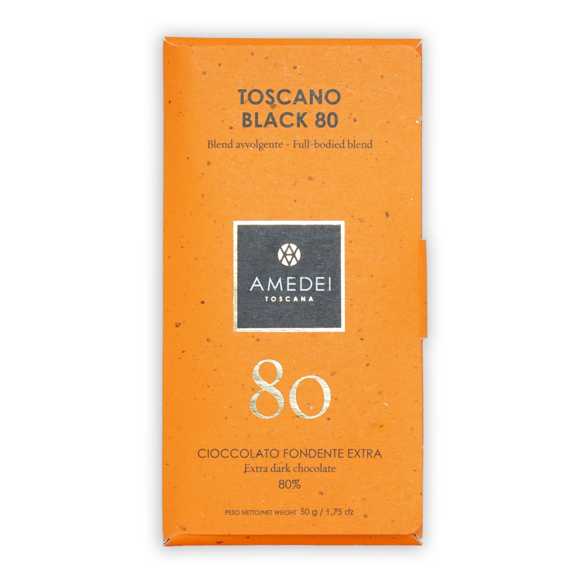 Amedei Toscano Black 80% extra dark chocolate bar in orange wrapper