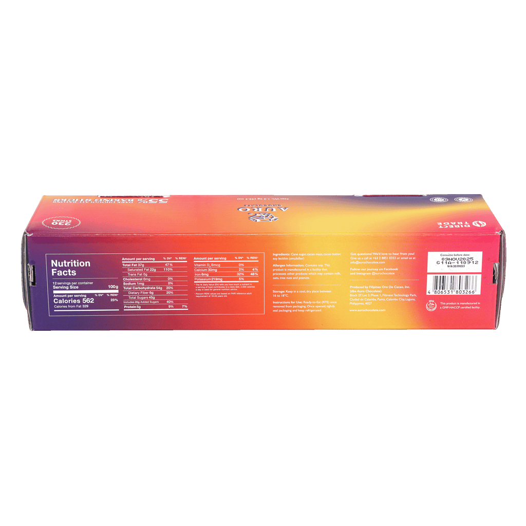 Back of Auro Bulk Baking Chocolate Baton Sticks 55% 1.2kg box with vibrant gradient and nutrition facts
