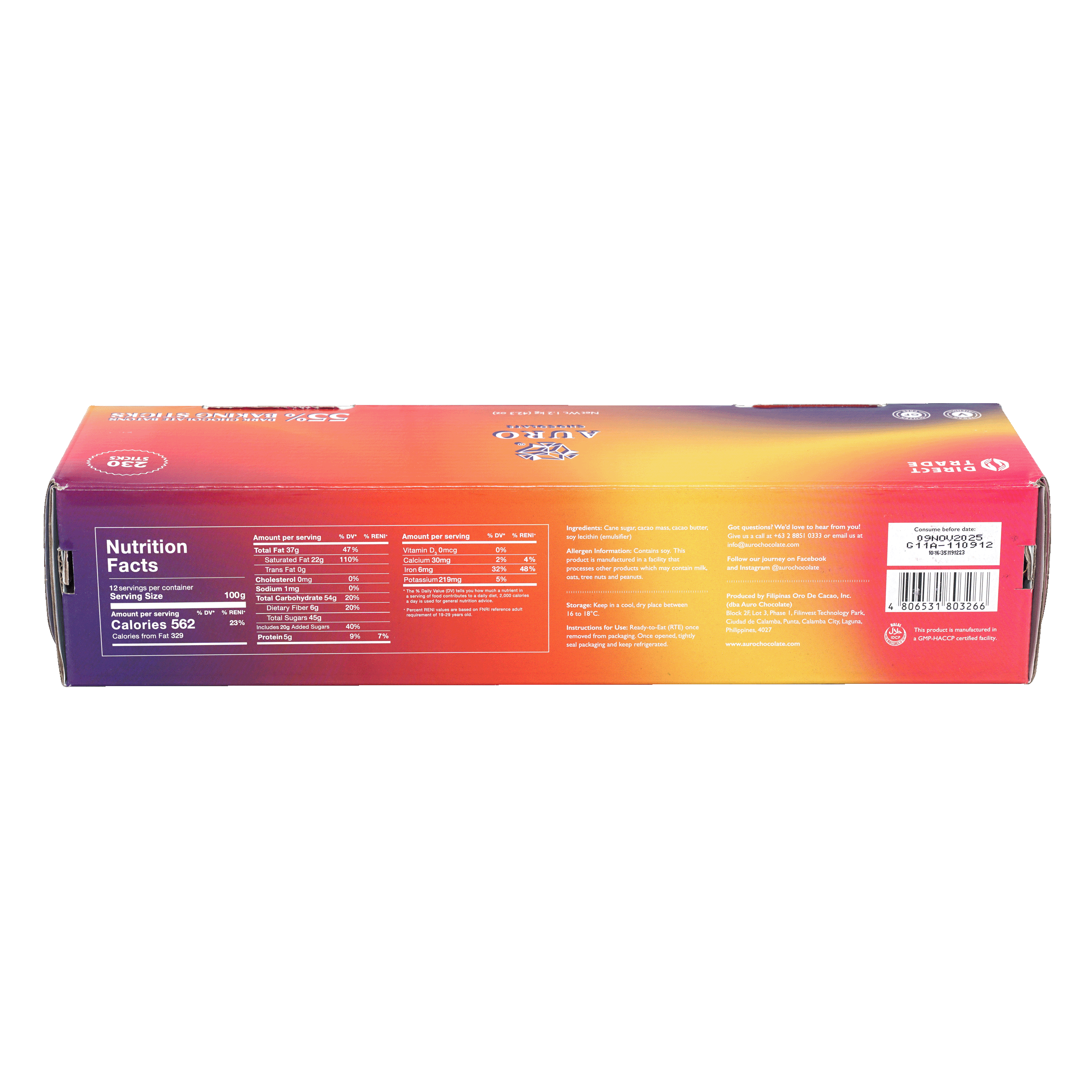 Back of Auro Bulk Baking Chocolate Baton Sticks 55% 1.2kg box with vibrant gradient and nutrition facts