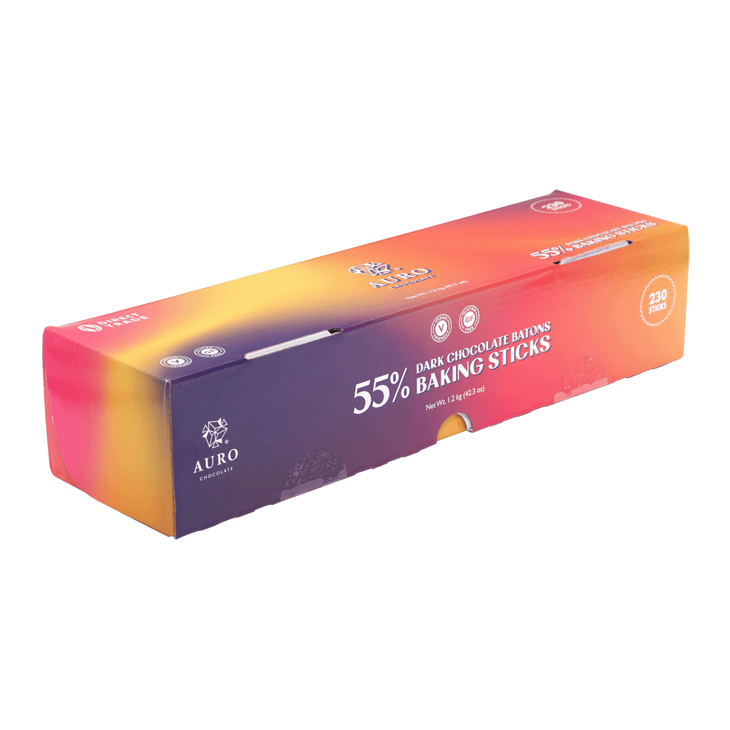 Aurora 55% dark chocolate baking sticks in vibrant gradient box, 1.2kg