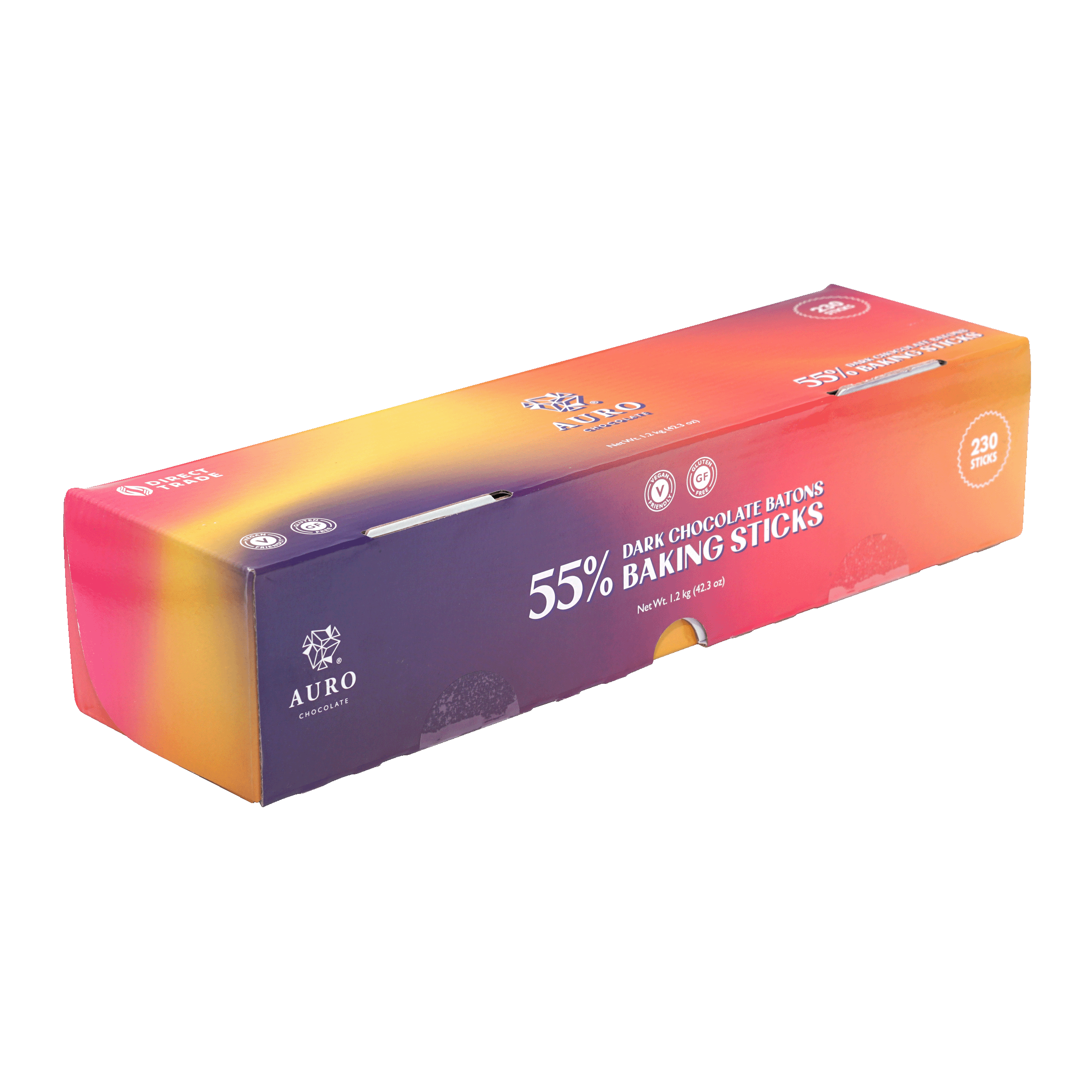 Aurora 55% dark chocolate baking sticks in vibrant gradient box, 1.2kg