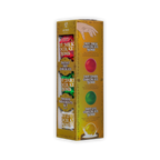 A tall gold Auro box on a white background with three windows showing red, green, and white wrapped hot chocolate bombs.