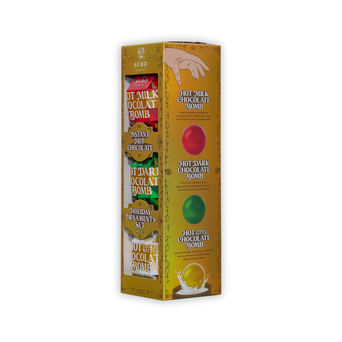 A tall gold Auro box on a white background with three windows showing red, green, and white wrapped hot chocolate bombs.