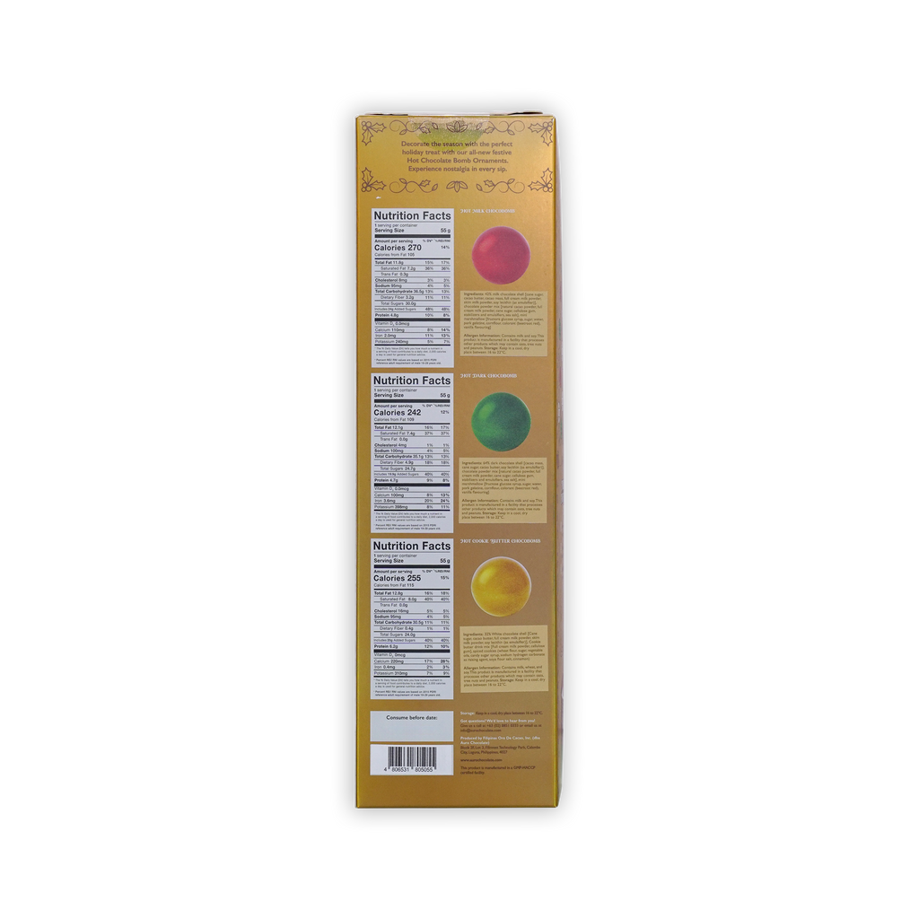 Back panel of a gold Auro Chocobomb Hot Chocolate Gift Set box showing three nutrition facts panels on a white background.