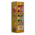 Tall gold Auro Chocolate Holiday Ornaments Set box with three cutouts showing red, green, and white Hot Chocolate Bombs.