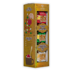 Tall gold Auro Chocolate Holiday Ornaments Set box with three cutouts showing red, green, and white Hot Chocolate Bombs.