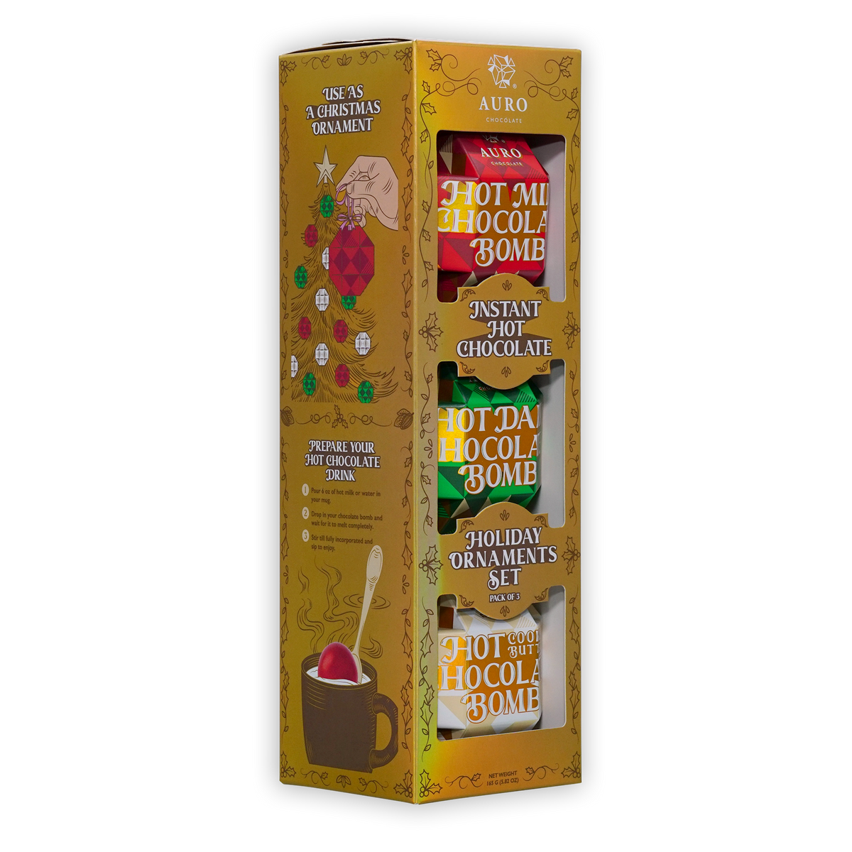 Tall gold Auro Chocolate Holiday Ornaments Set box with three cutouts showing red, green, and white Hot Chocolate Bombs.