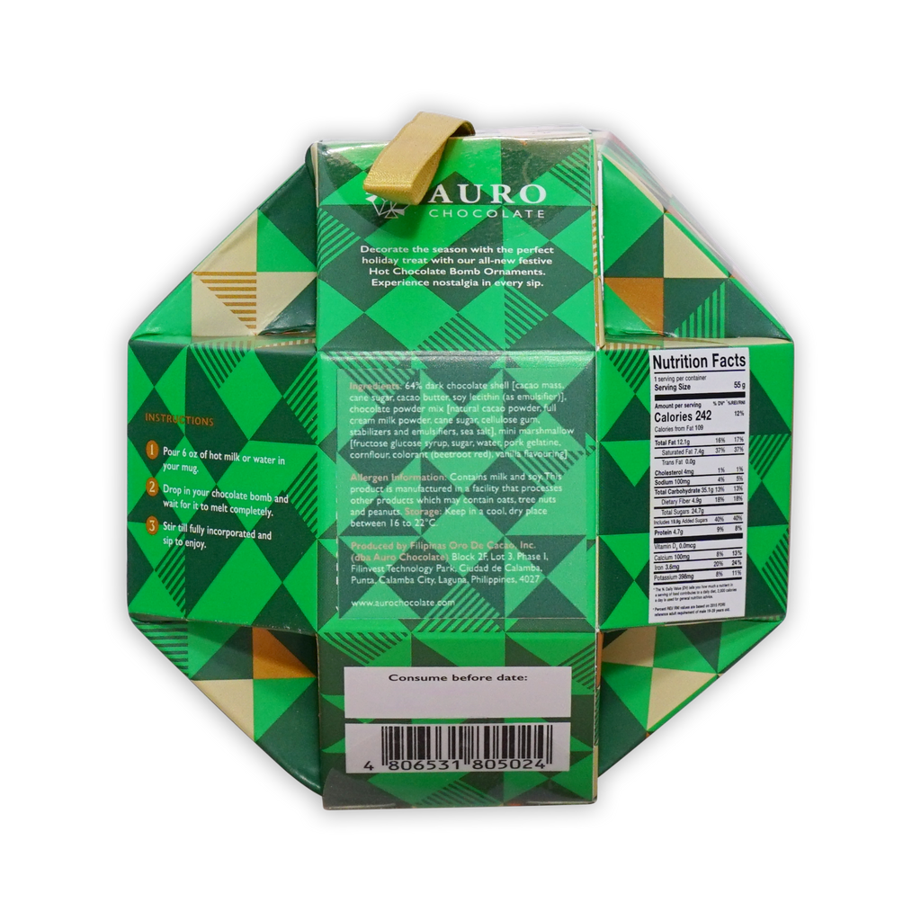Back of a green and gold Auro Hot Chocolate Bomb Ornaments box showing instructions and nutrition facts.
