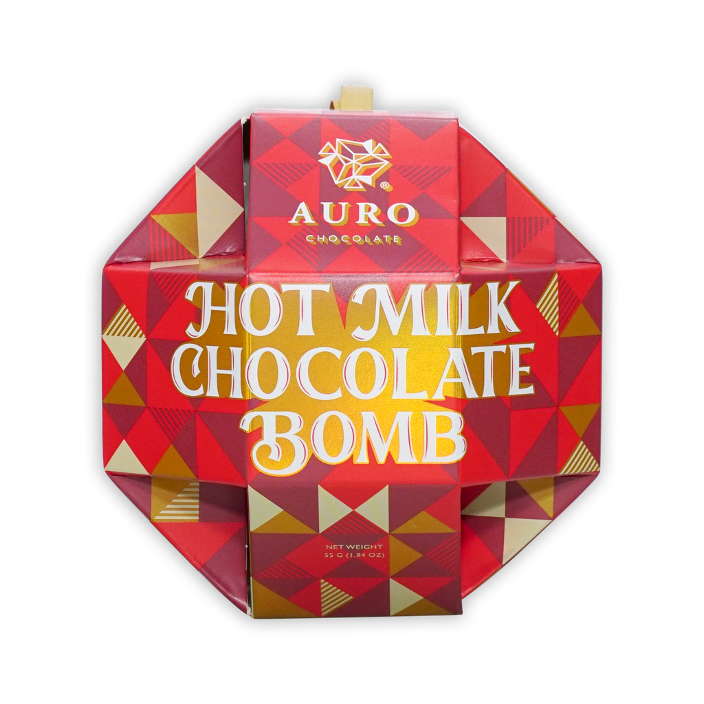 Auro Chocolate Hot Milk Chocolate Bomb in a red and gold geometric octagonal box on a white background.