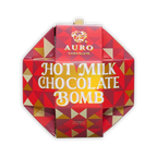 Auro Chocolate Hot Milk Chocolate Bomb in a red and gold geometric octagonal box on a white background.