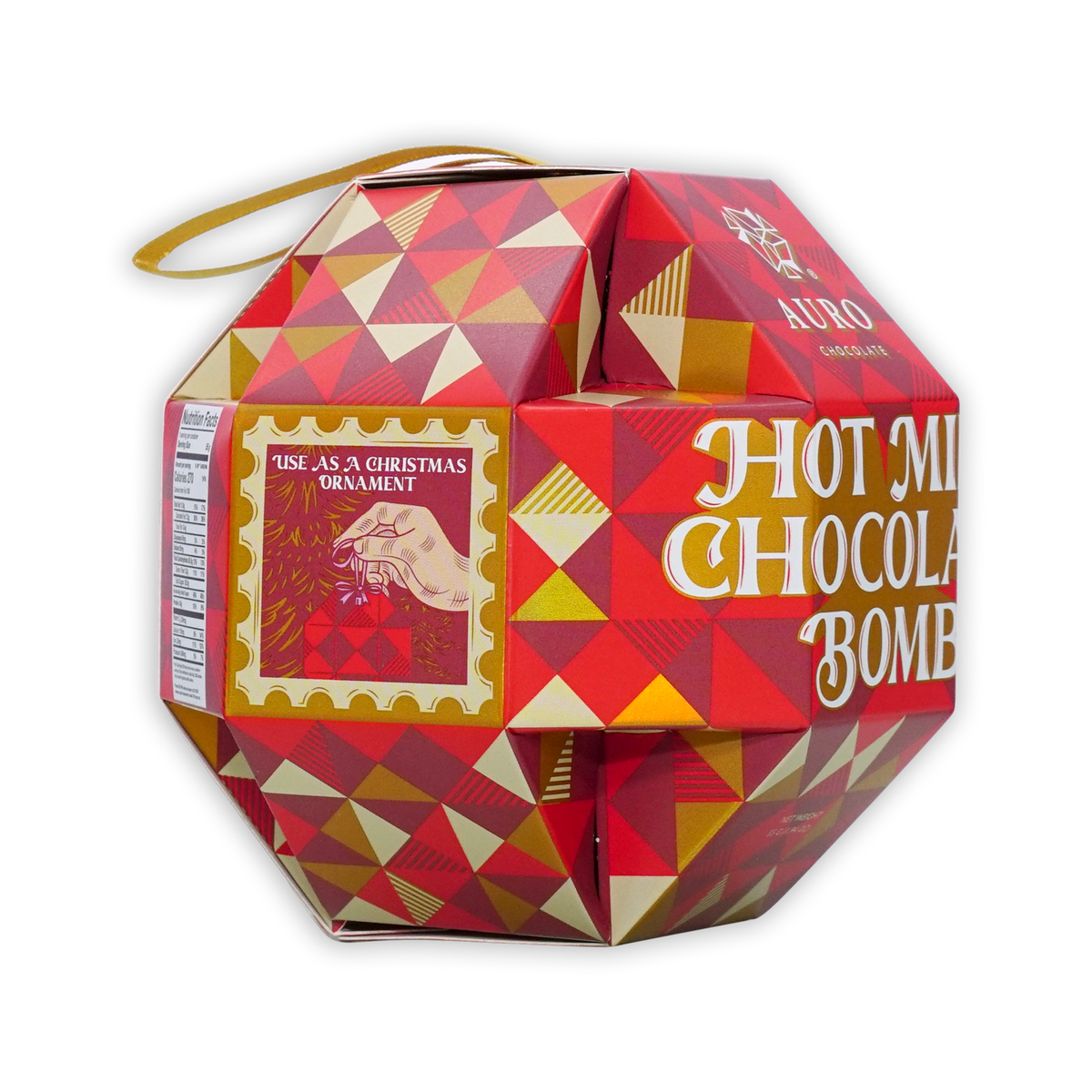 A faceted red and gold box reading Auro Hot Milk Chocolate Bomb with a gold loop and Christmas ornament graphic.