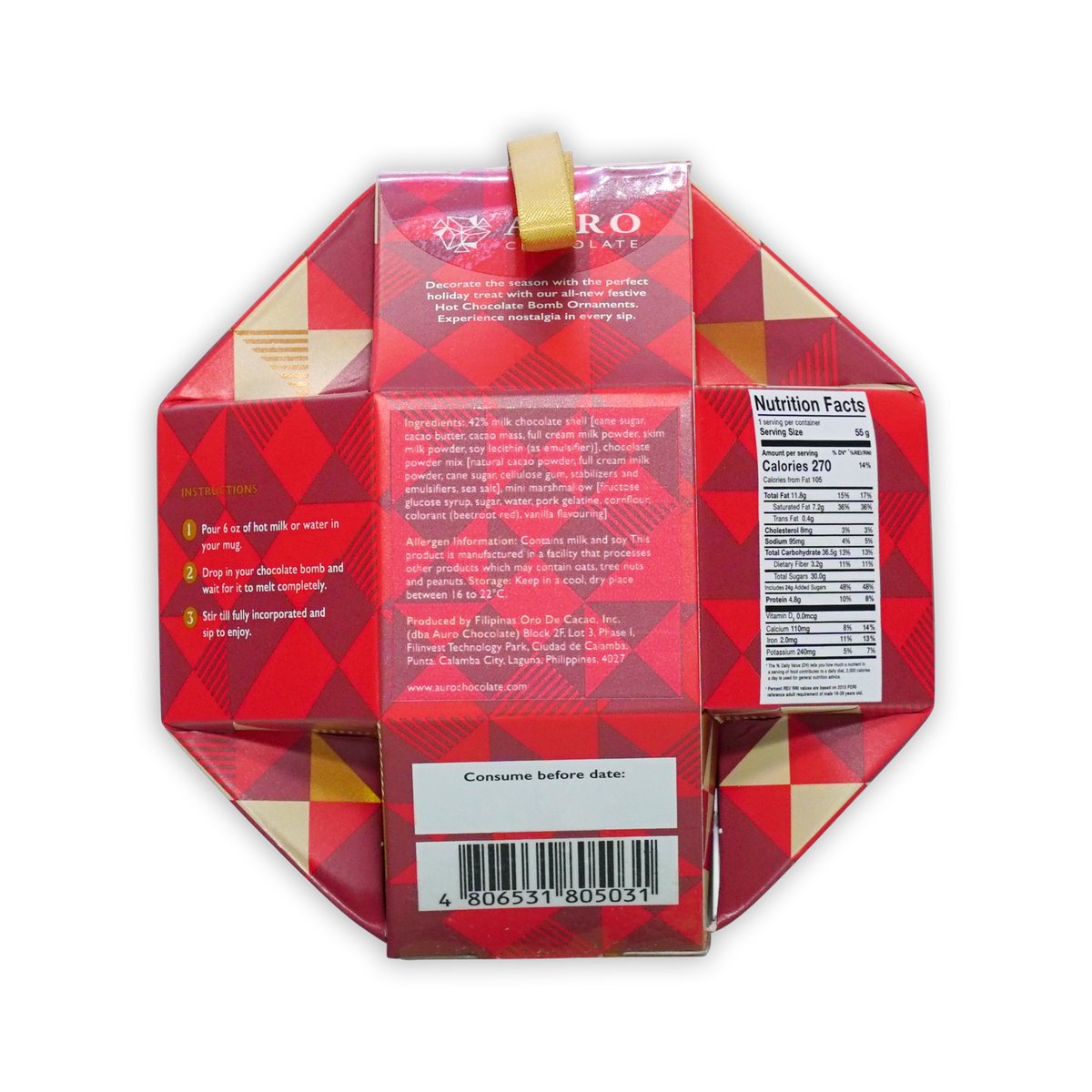 Back of red and gold geometric Auro Hot Chocolate Bomb Ornaments box showing nutrition facts and ingredients.