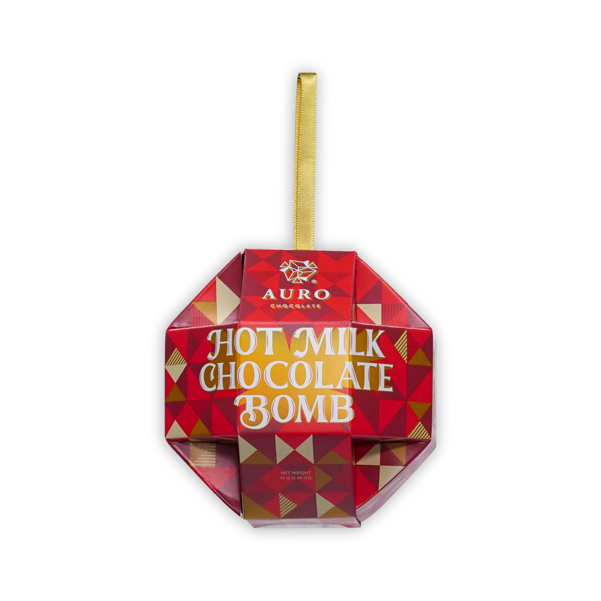 A red and gold faceted ornament box of Auro Hot Milk Chocolate Bomb with a gold ribbon loop on a black background.