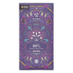 A purple wrapper for Auro Chocolate Luna 80% Dark Chocolate with intricate pink, teal, and gold patterns.