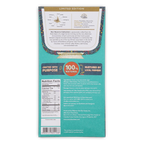 Back of a teal and white Auro Chocolate wrapper showing a flavor profile chart, nutrition facts, and ingredients.