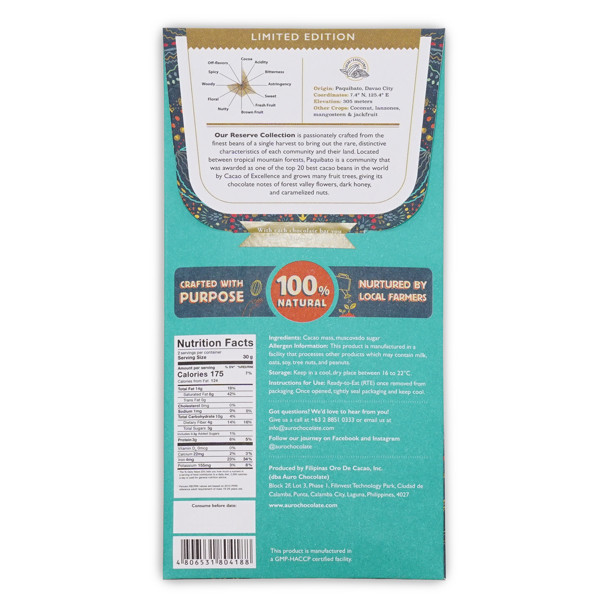Back of a teal and white Auro Chocolate wrapper showing a flavor profile chart, nutrition facts, and ingredients.