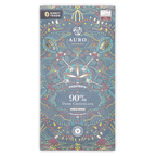 A dark blue Auro Chocolate wrapper with colorful patterns, reading Paquibato 90% Dark Chocolate, on a white background.