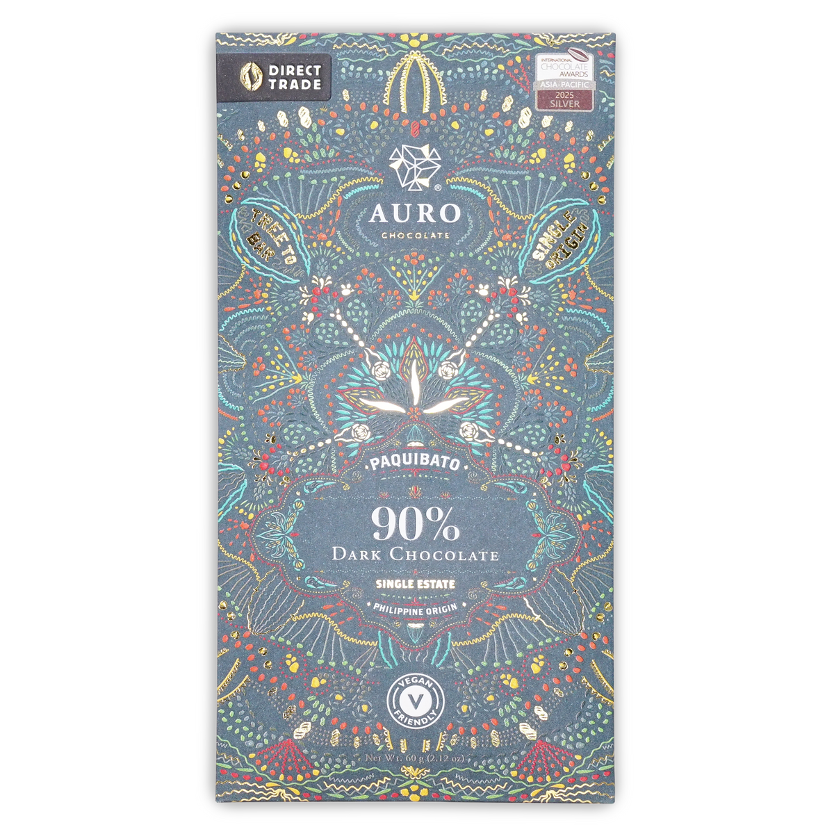 A dark blue Auro Chocolate wrapper with colorful patterns, reading Paquibato 90% Dark Chocolate, on a white background.