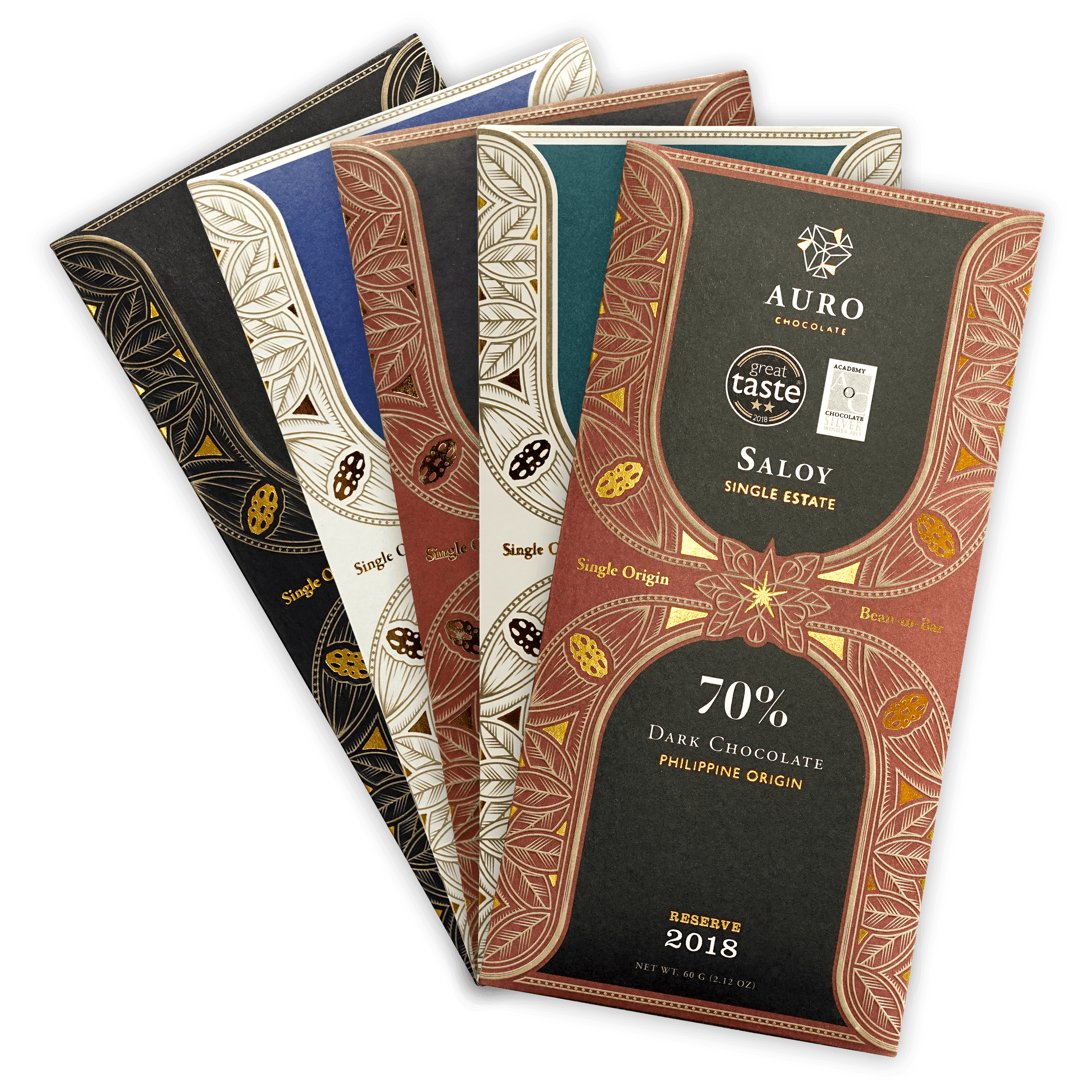 Auro Chocolate Bundles: 70% single estate dark chocolate bar with gold leaf packaging