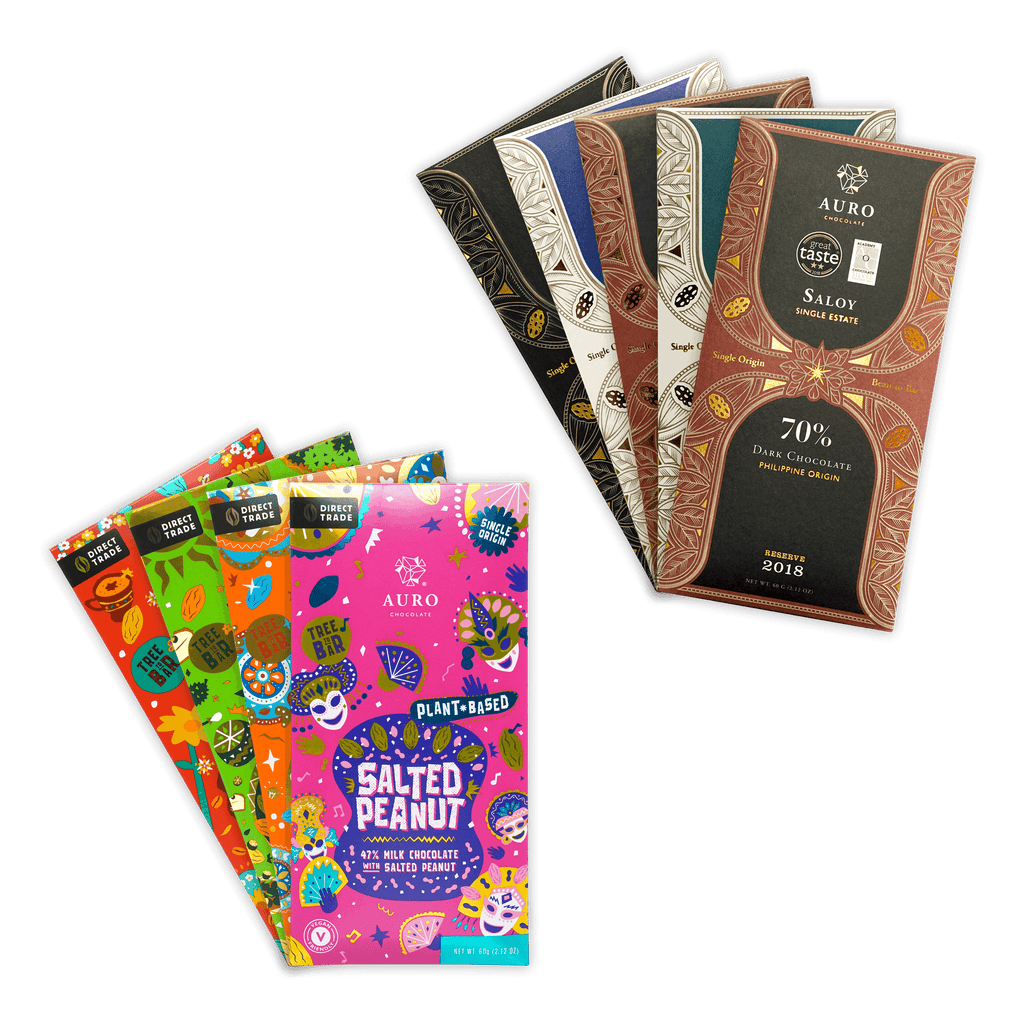 Auro Chocolate Bundles with vibrant bars in salted peanut and dark flavors