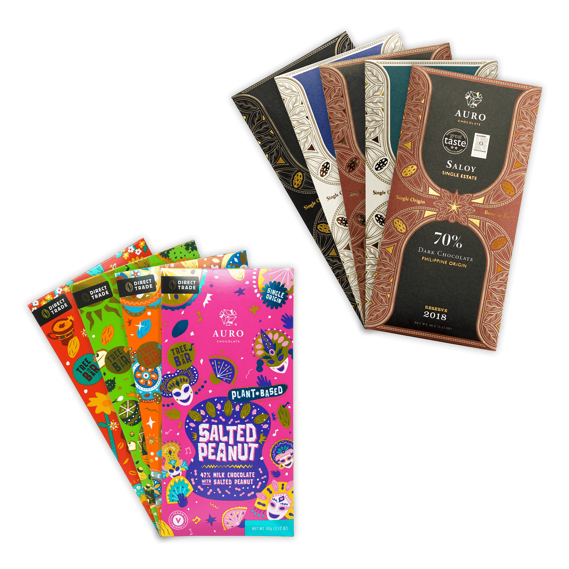 Auro Chocolate Bundles with vibrant bars in salted peanut and dark flavors
