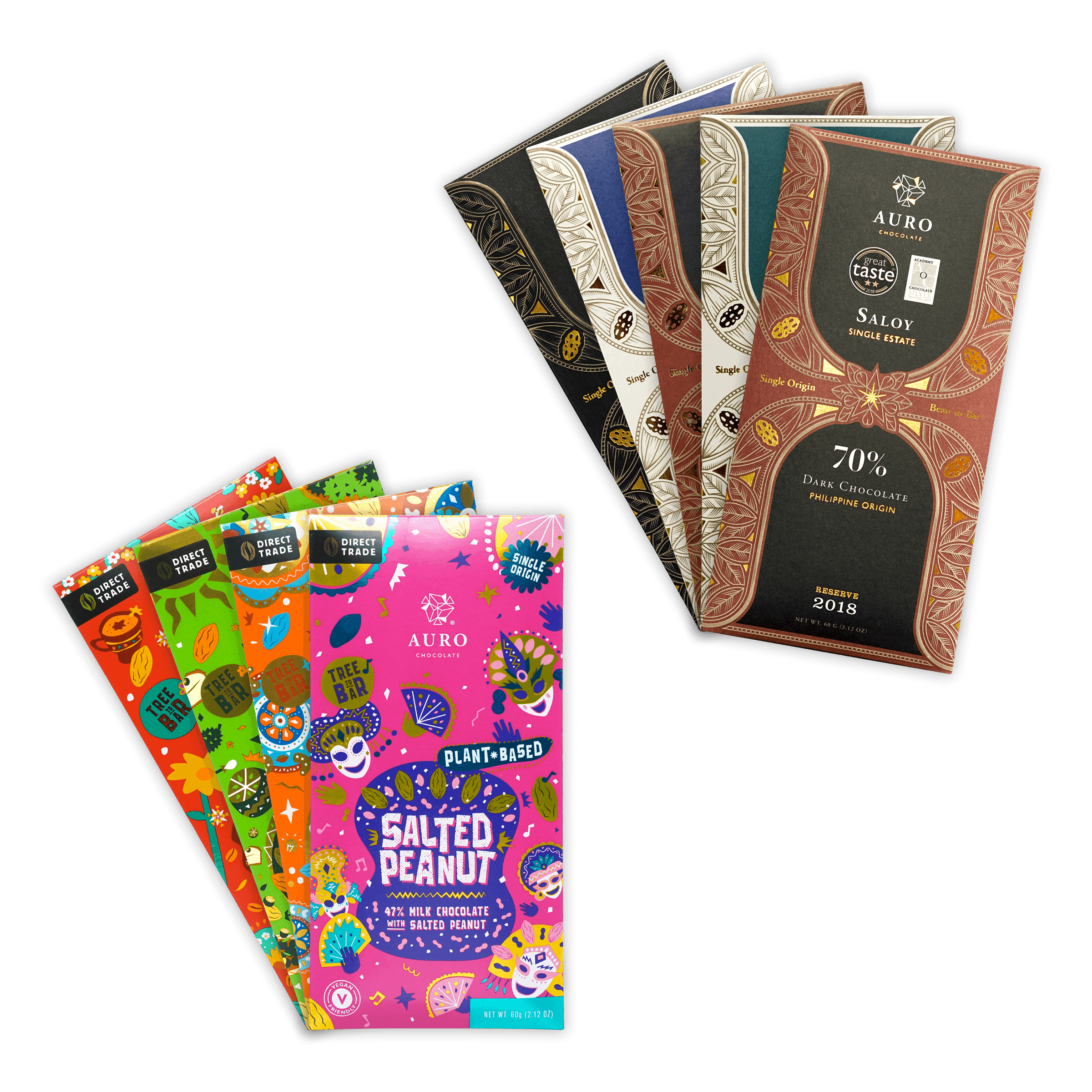 Auro Chocolate Bundles with vibrant bars in salted peanut and dark flavors