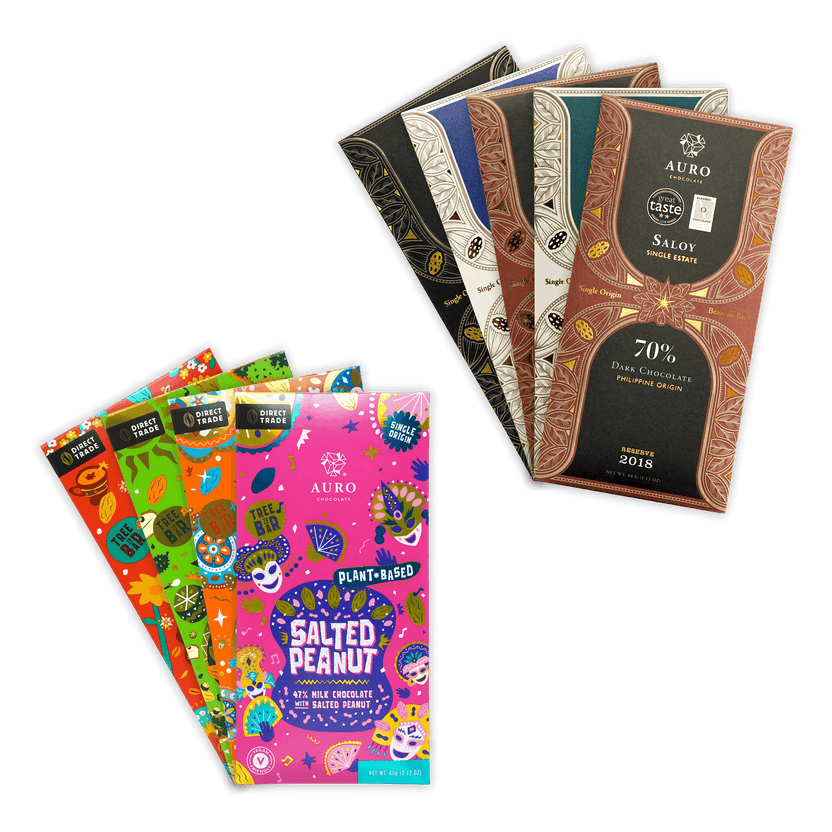 Auro Chocolate Bundles with vibrant bars in salted peanut and dark flavors
