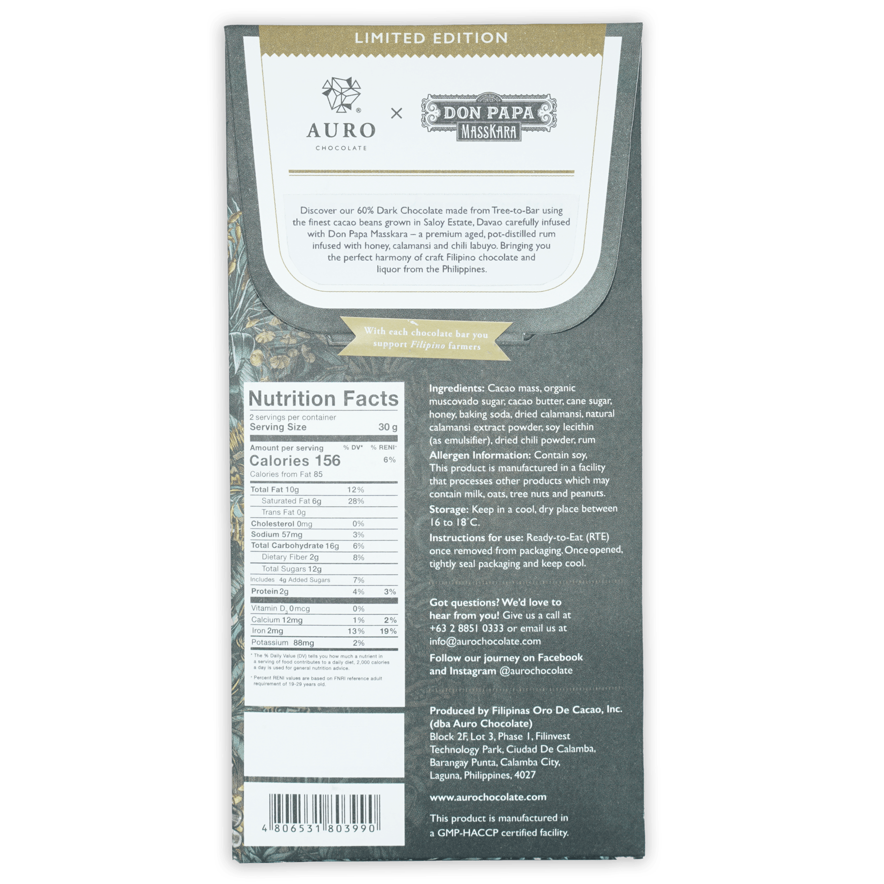 Limited edition Auro x Don Papa Rum Masskara dark chocolate bar with matte gray wrapper