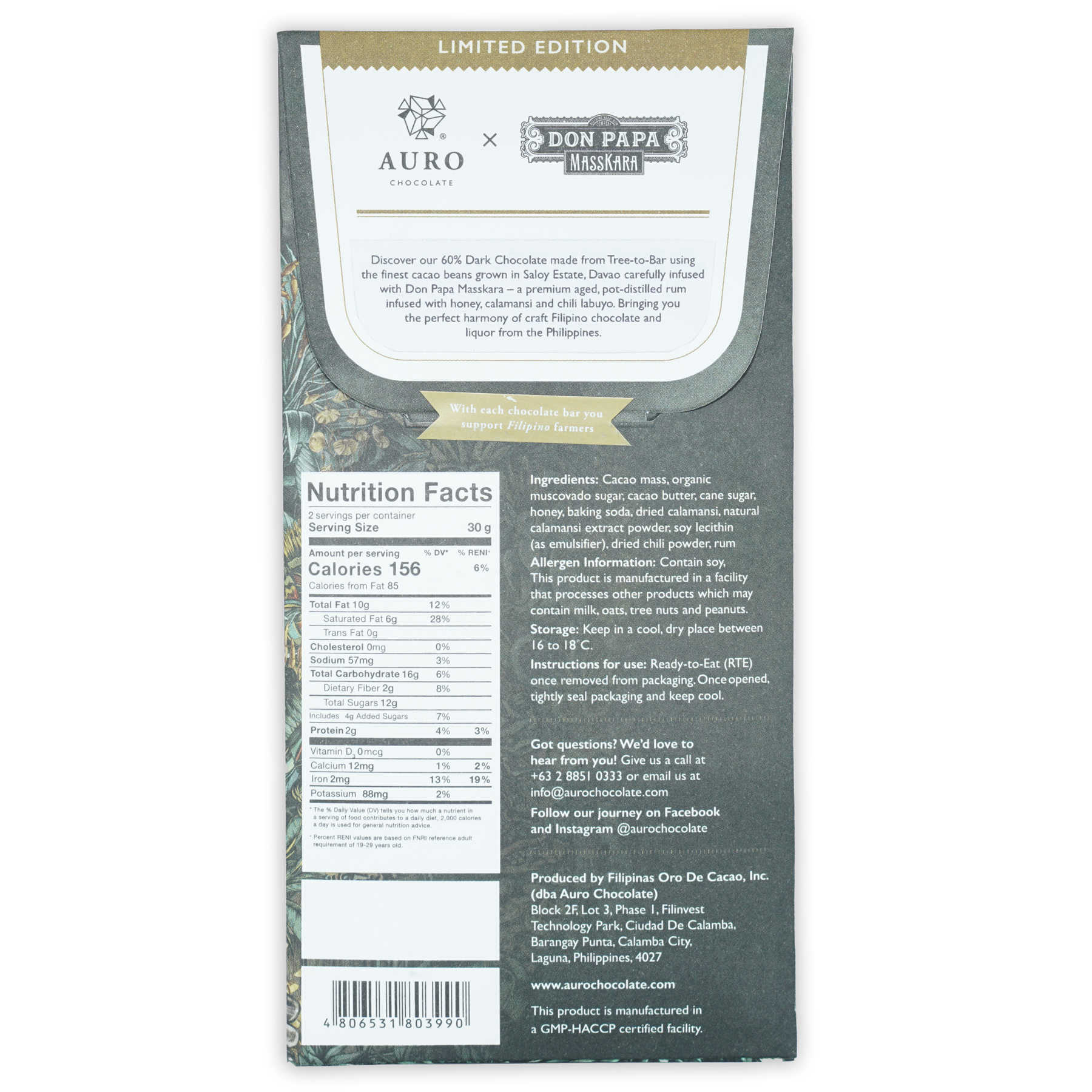 Limited edition Auro x Don Papa Rum Masskara dark chocolate bar with matte gray wrapper