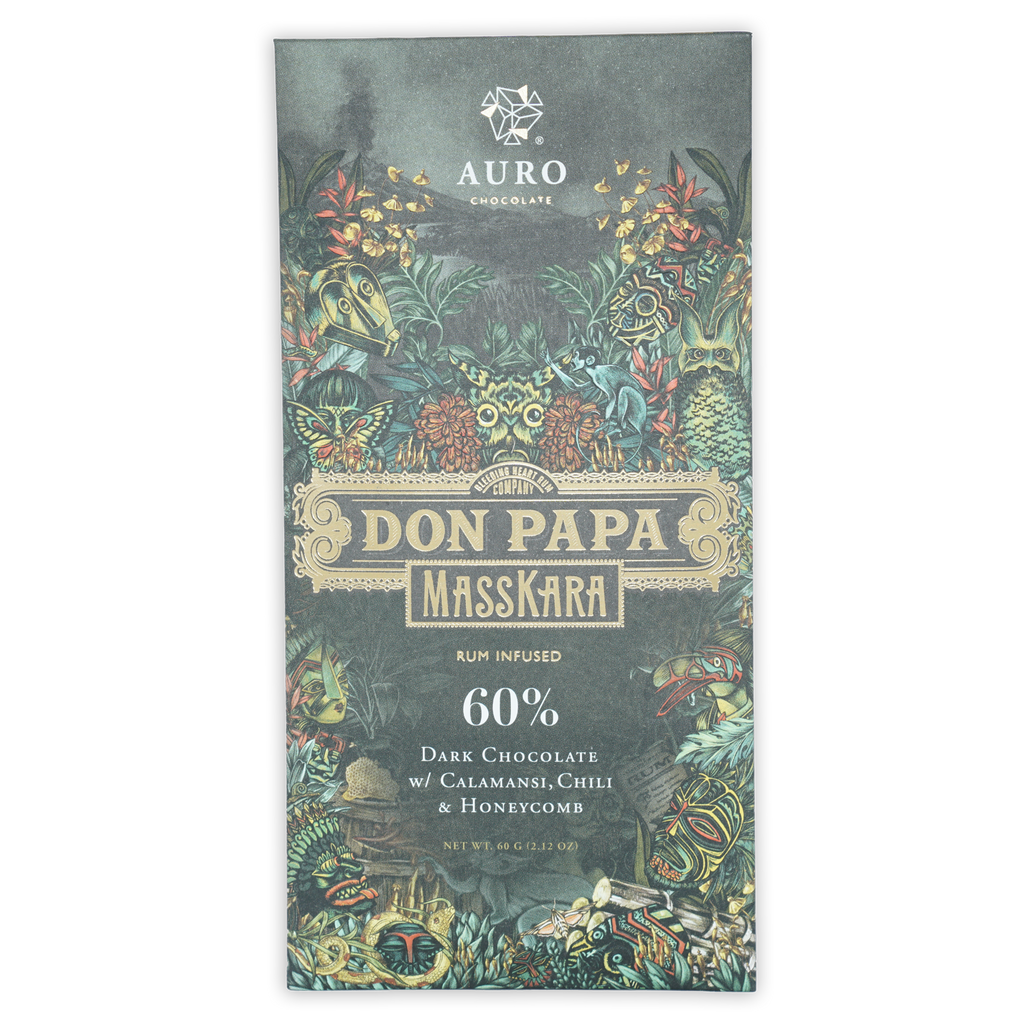Auro x Don Papa Masskara 60% dark chocolate bar with rum, calamansi, chili, honeycomb in jungle-themed packaging