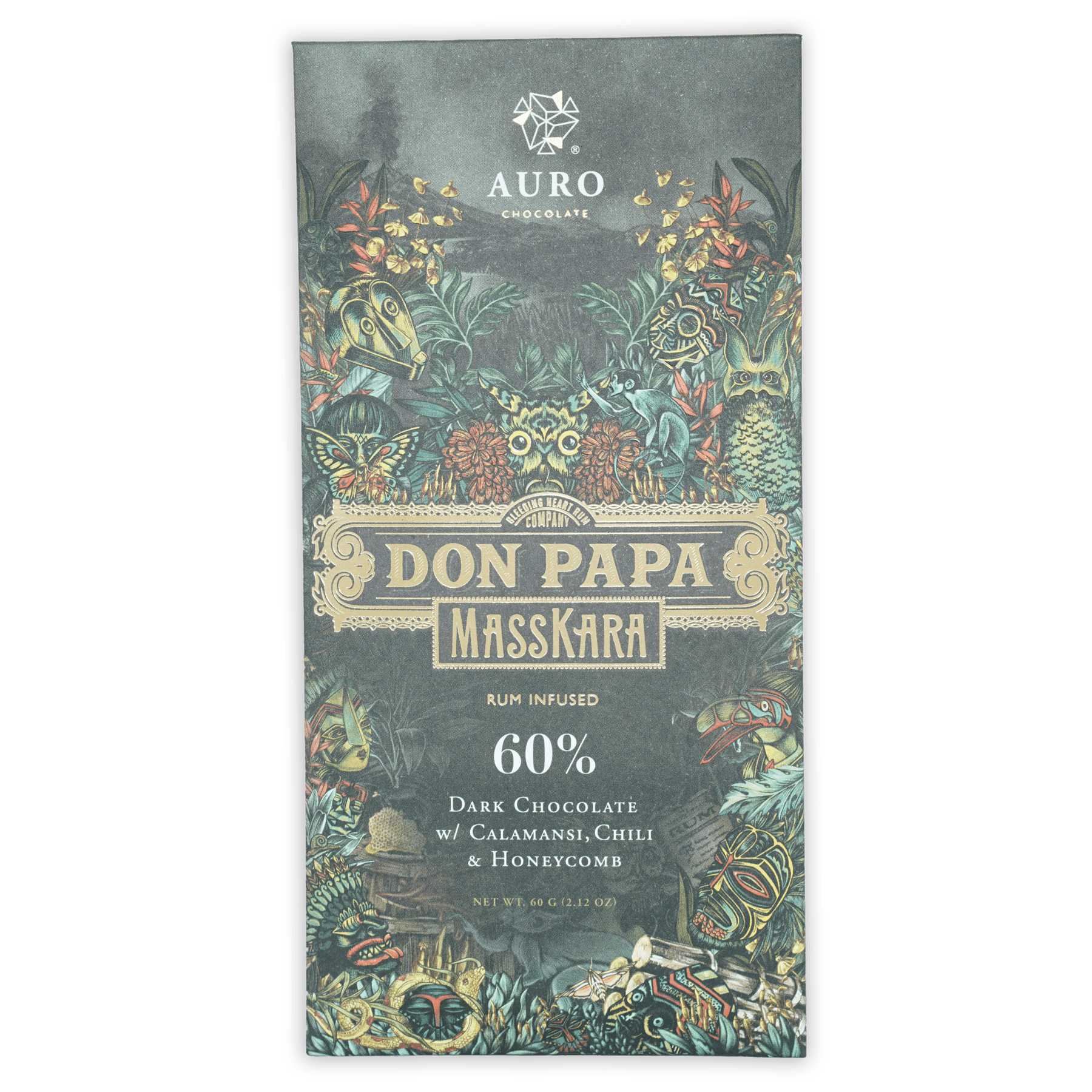 Auro x Don Papa Masskara 60% dark chocolate bar with rum, calamansi, chili, honeycomb in jungle-themed packaging