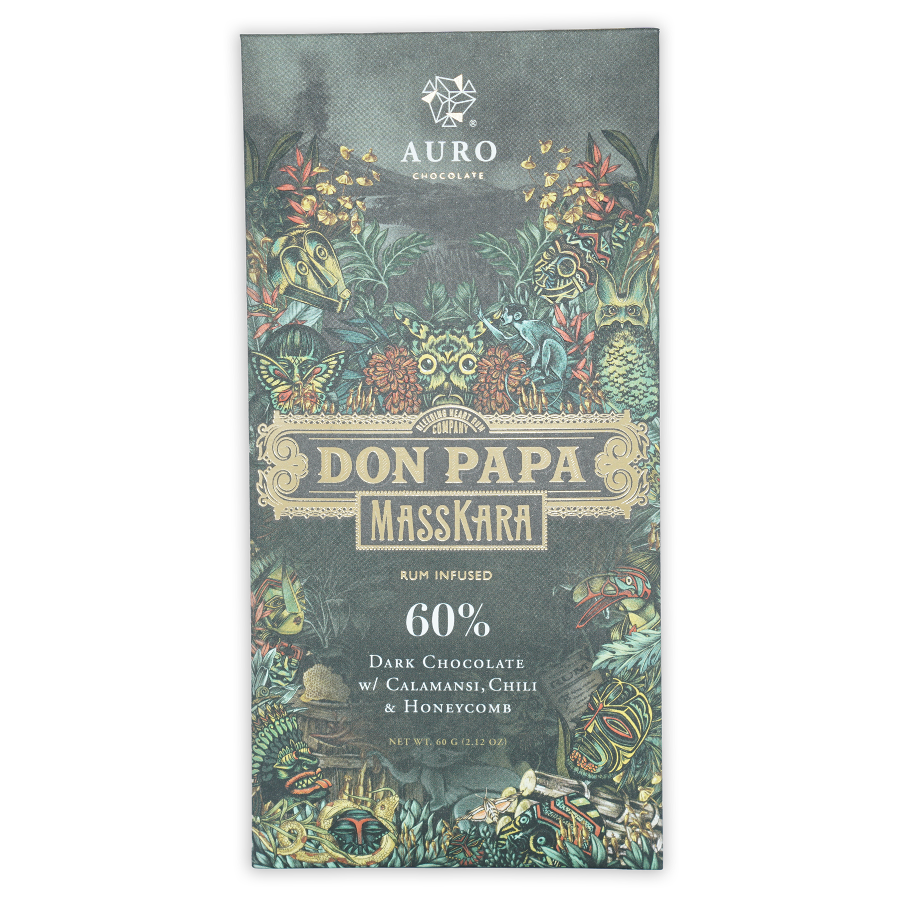 Auro x Don Papa Masskara 60% dark chocolate bar with rum, calamansi, chili, honeycomb in jungle-themed packaging