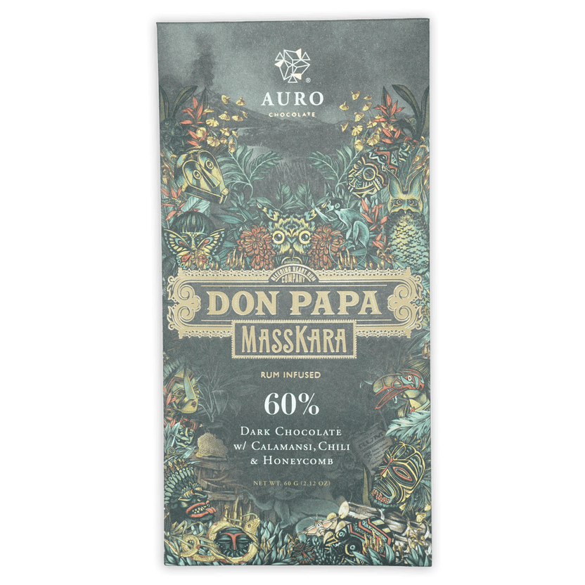 Auro x Don Papa Masskara 60% dark chocolate bar with rum, calamansi, chili, honeycomb in jungle-themed packaging