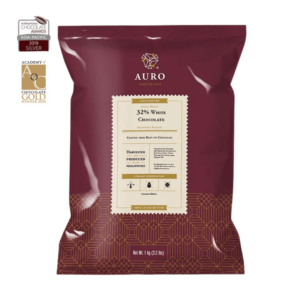 Auro Bulk Baking White Chocolate 32% Coins 1kg maroon bag with gold patterns