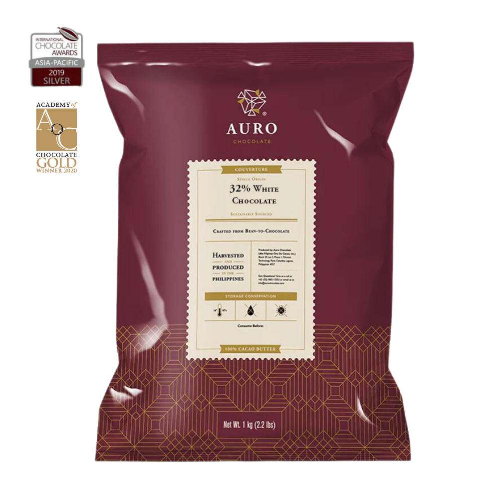Auro Bulk Baking White Chocolate 32% Coins 1kg maroon bag with gold patterns