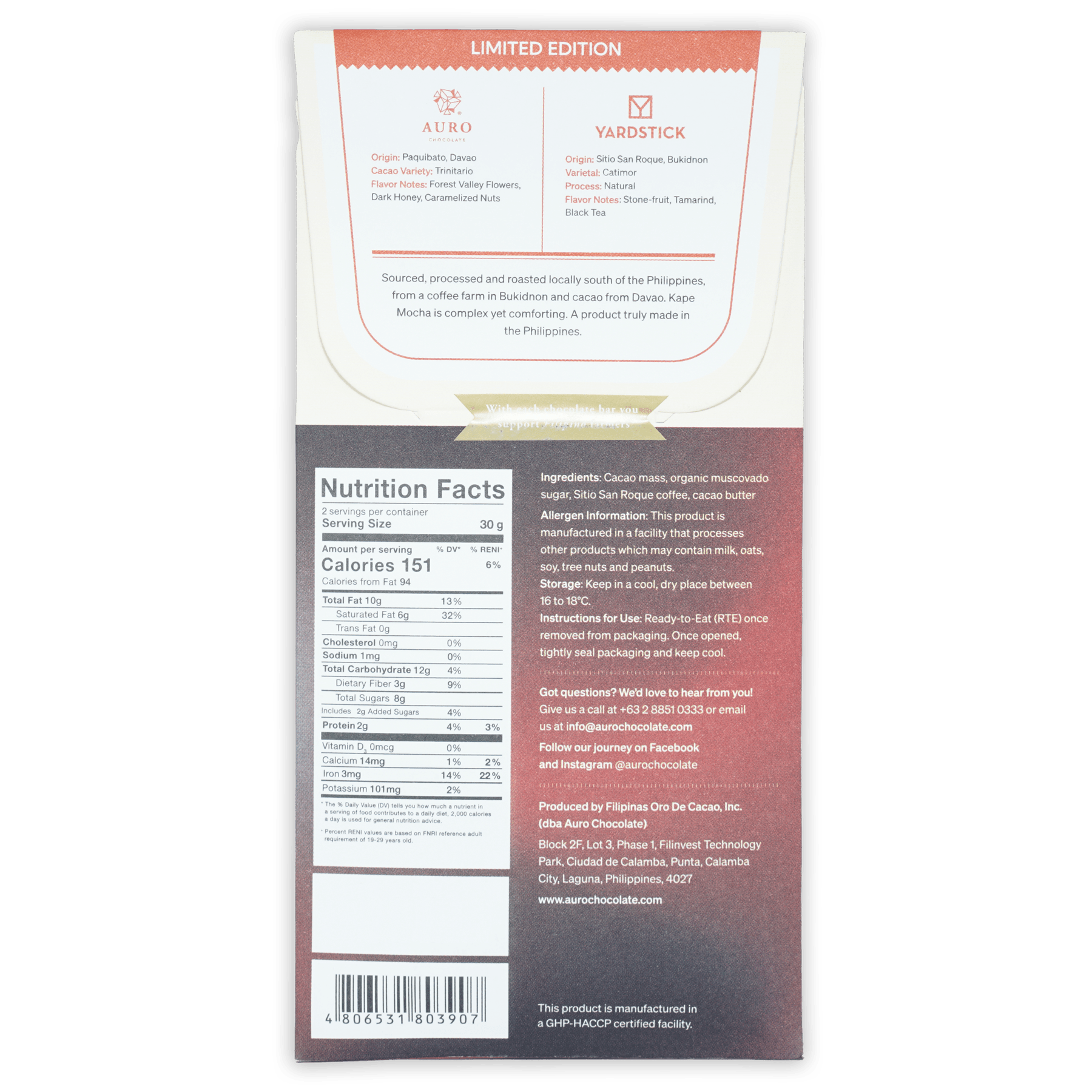 Limited edition Auro Kape Mocha 70% yardstick chocolate bar