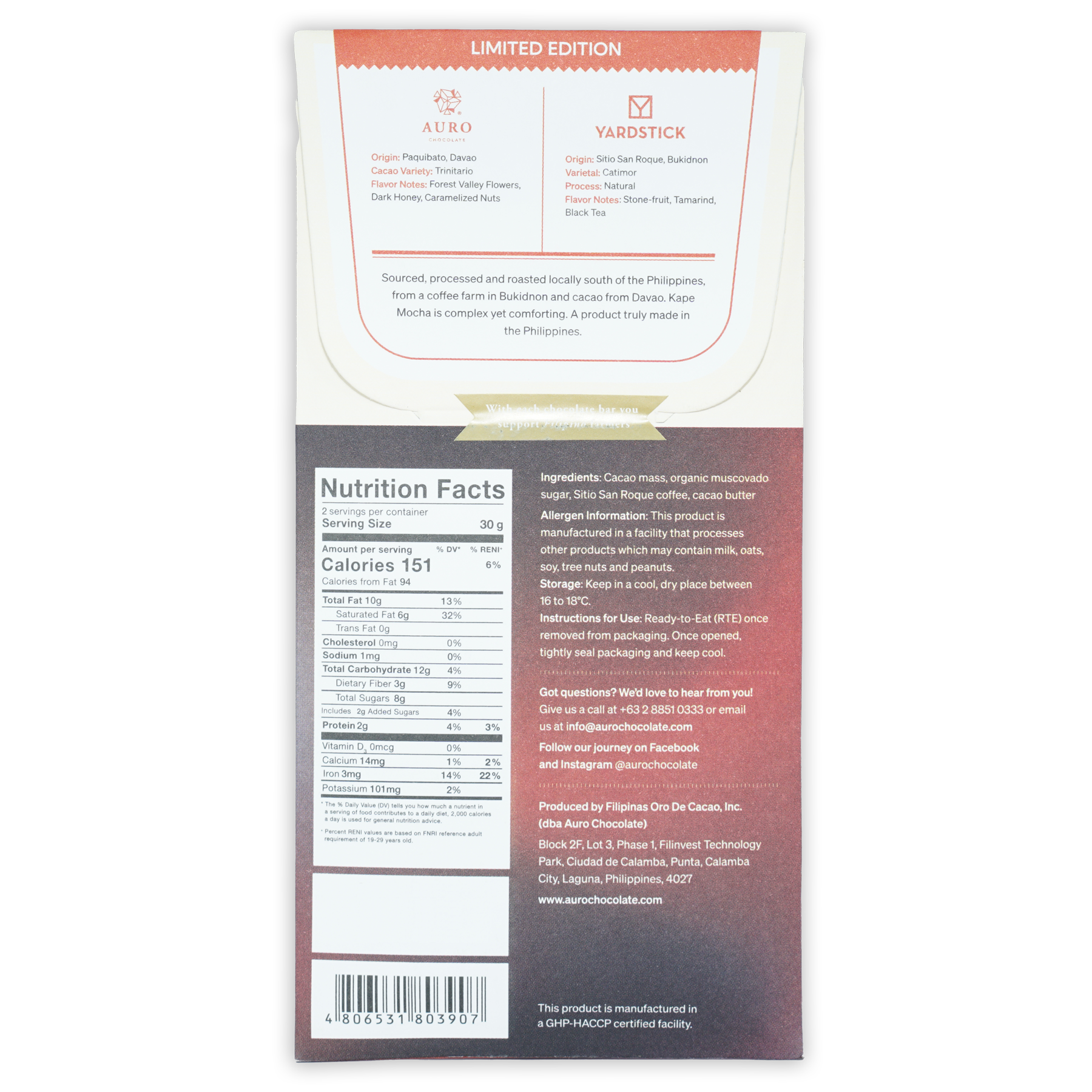 Limited edition Auro Kape Mocha 70% yardstick chocolate bar