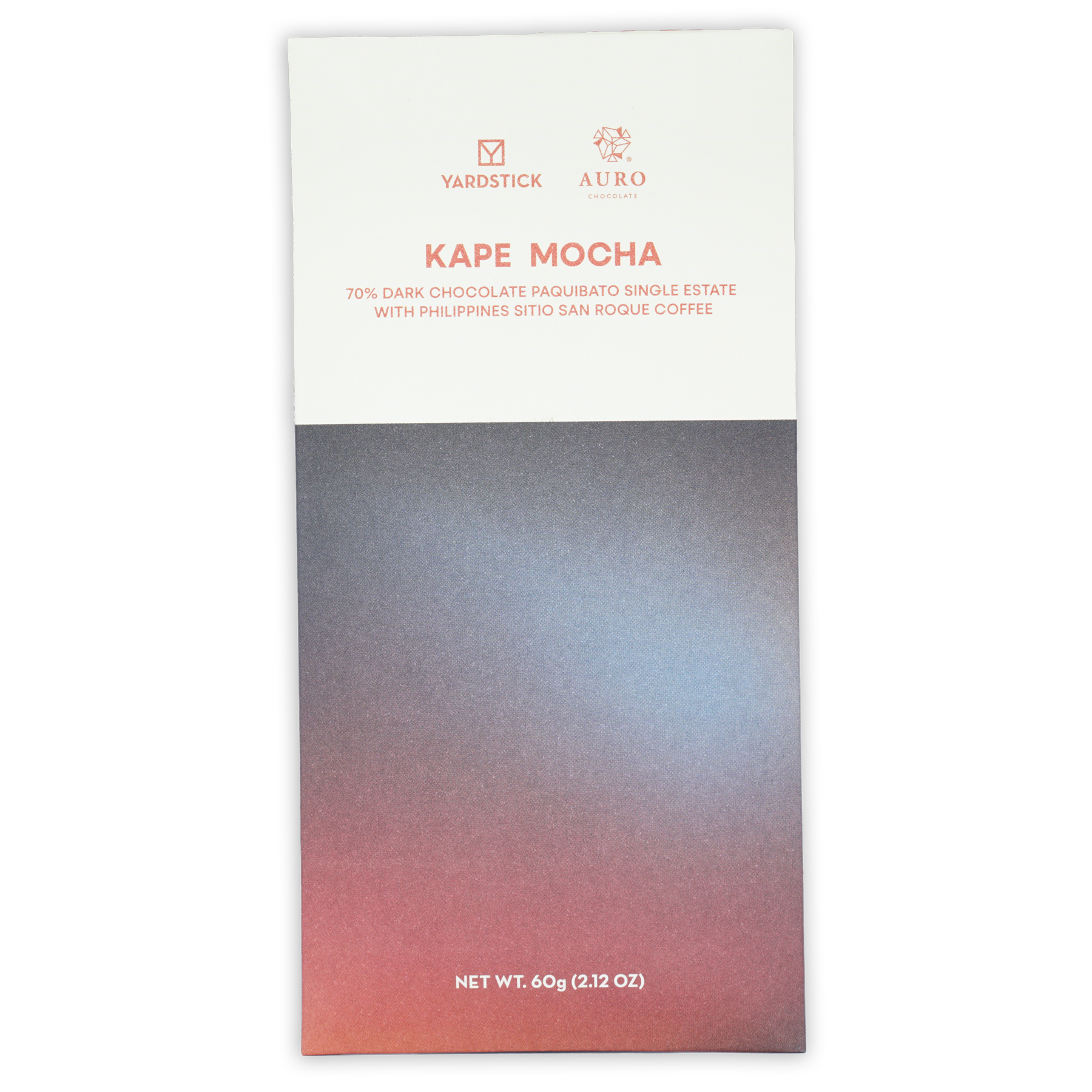 Auro Kape Mocha Chocolate 70% limited edition wrapper with pink to blue gradient