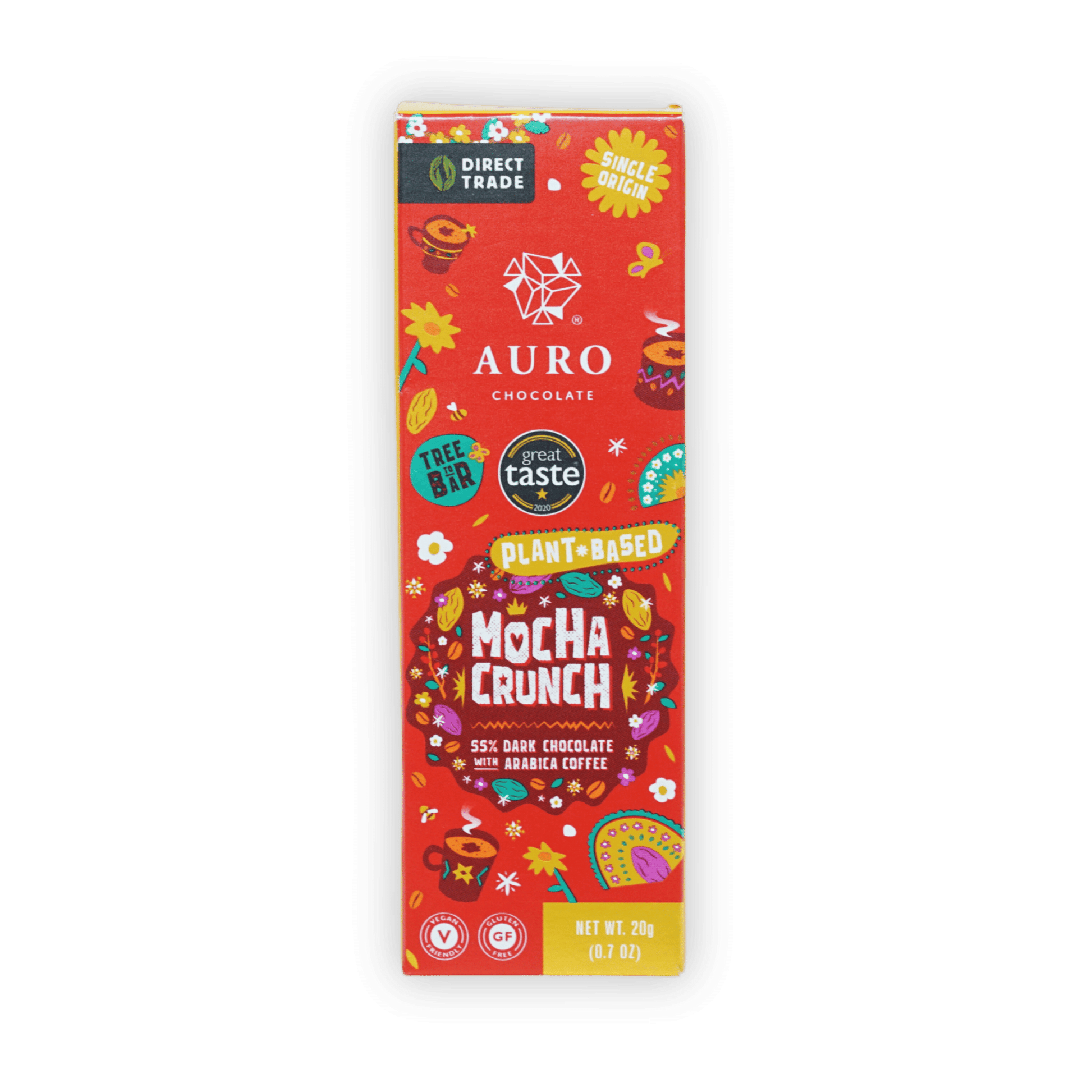 Auro Mini Chocolate Bar Mocha Crunch 55% red package with floral coffee art